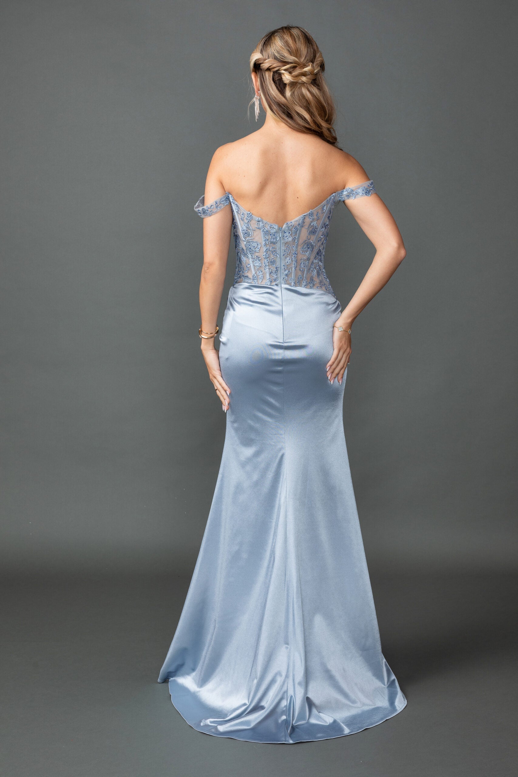 Off-Shoulder Satin Fitted Dress with Lace Corset Bodice (4536)