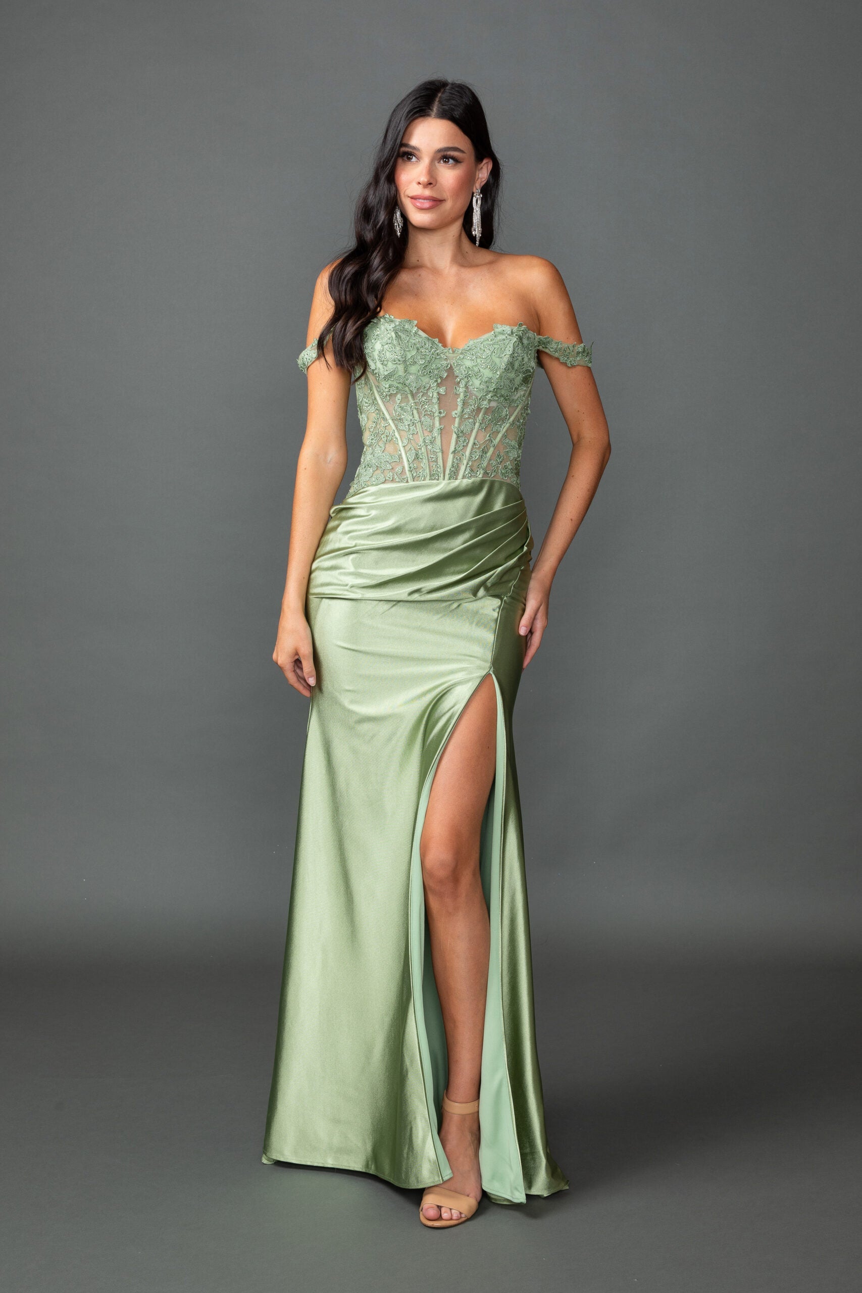 Off-Shoulder Satin Fitted Dress with Lace Corset Bodice (4536)