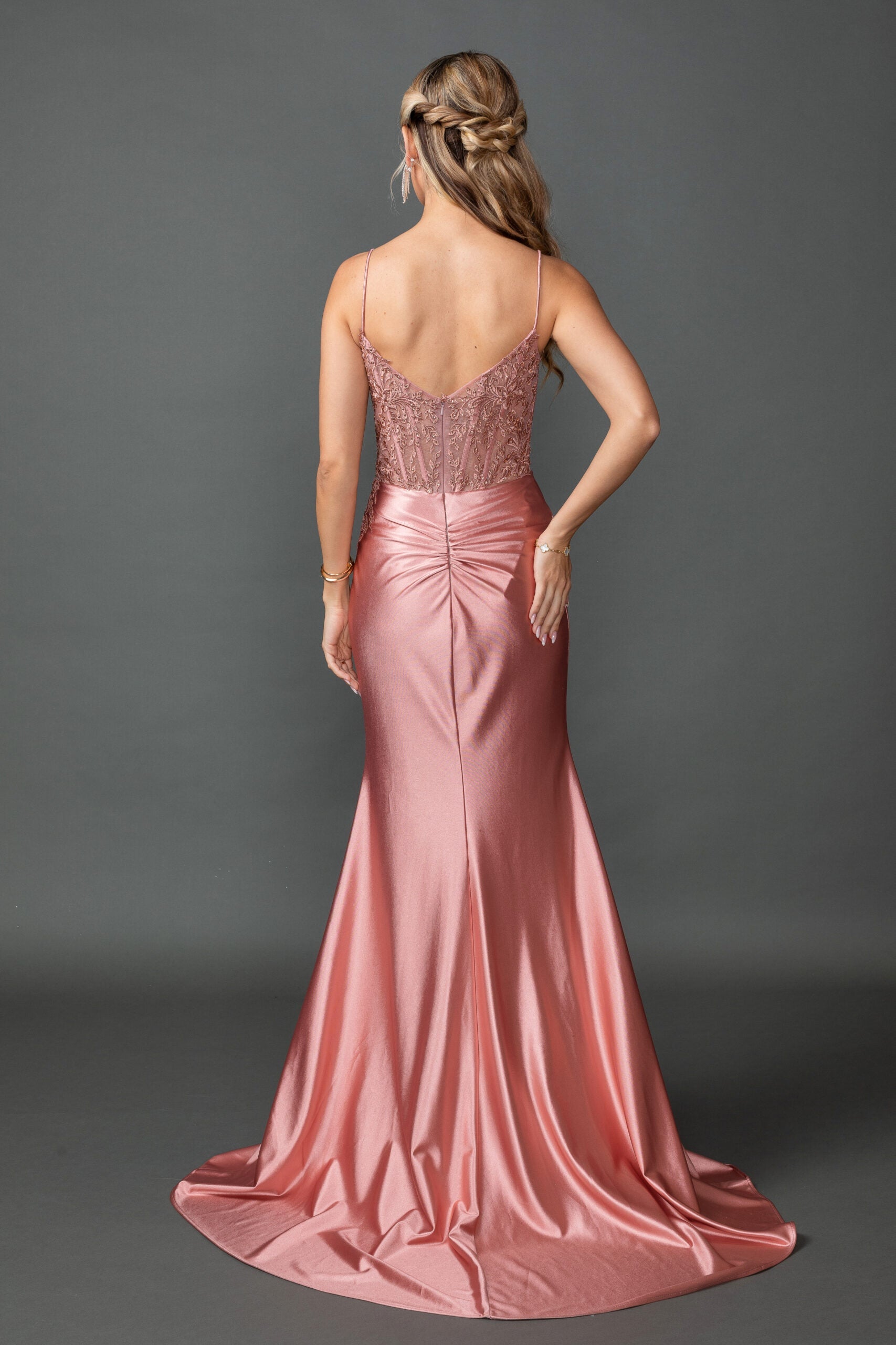 Detachable Off-Shoulder Satin Fitted Gown With Lace Corset Bodice and Slit (4537)