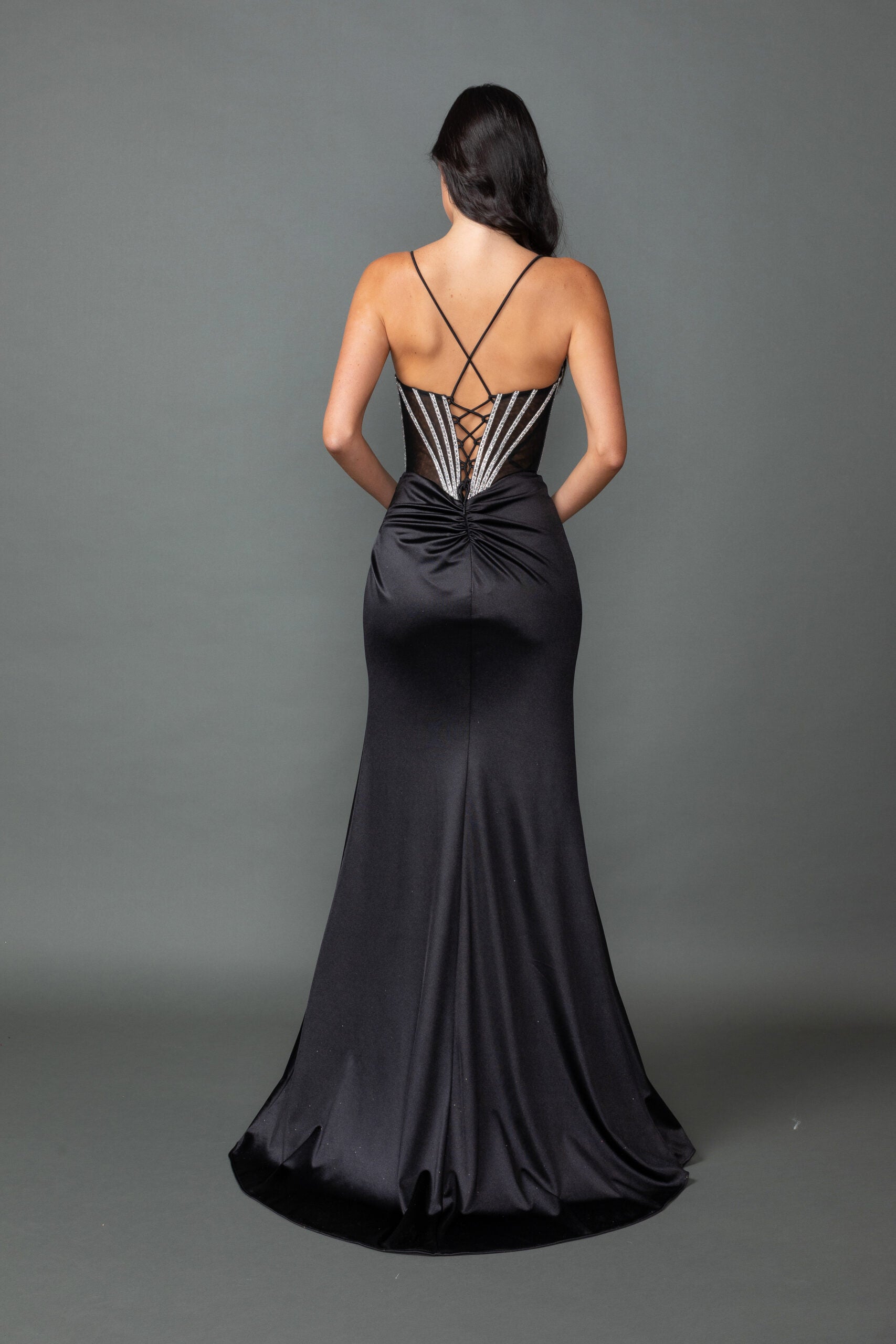Spaghetti Strap Beaded Corset with Satin Ruched Slit Gown (4538)