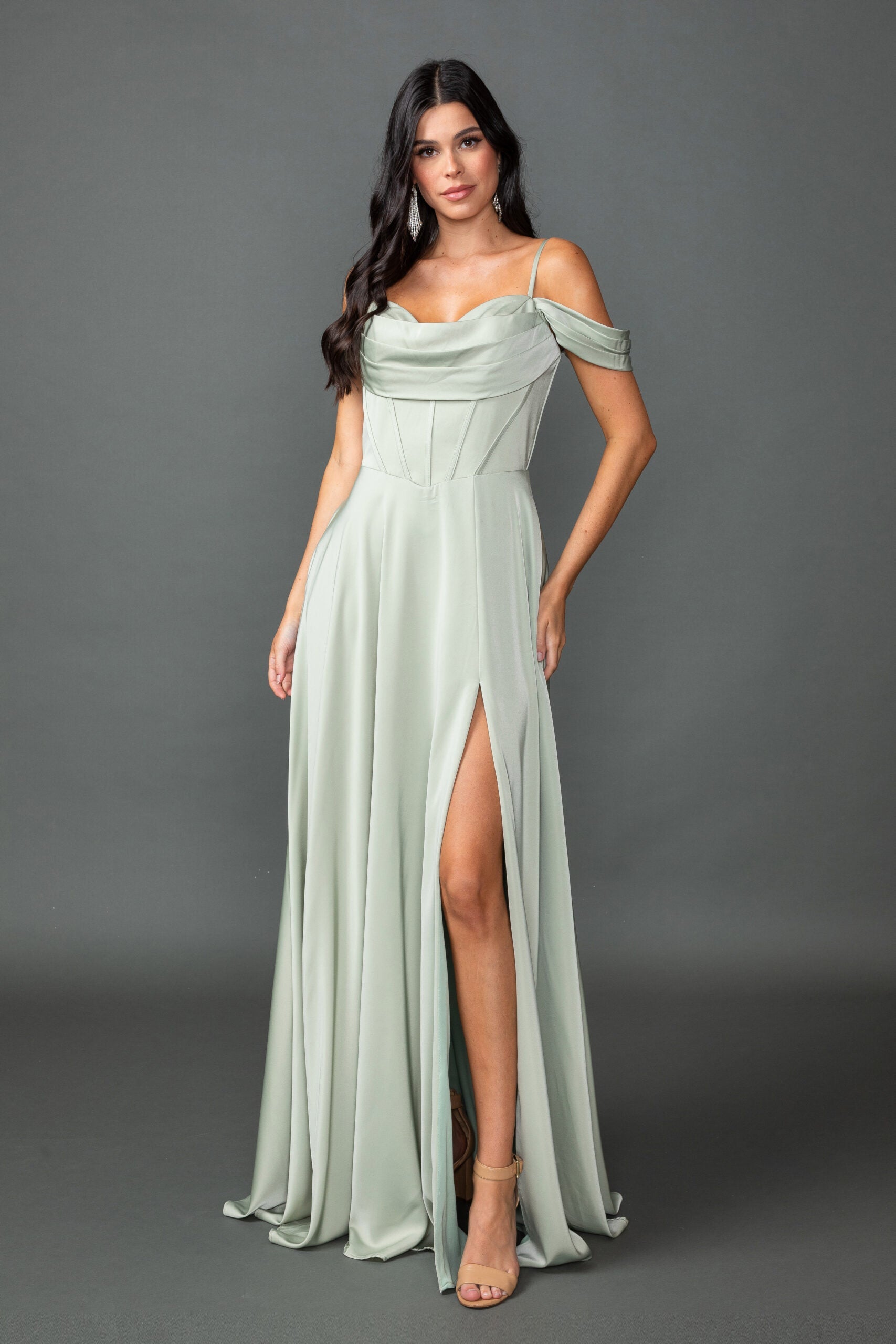 Chiffon Off-Shoulder Prom Dress with Cowl Neck & Front Slit (4539)