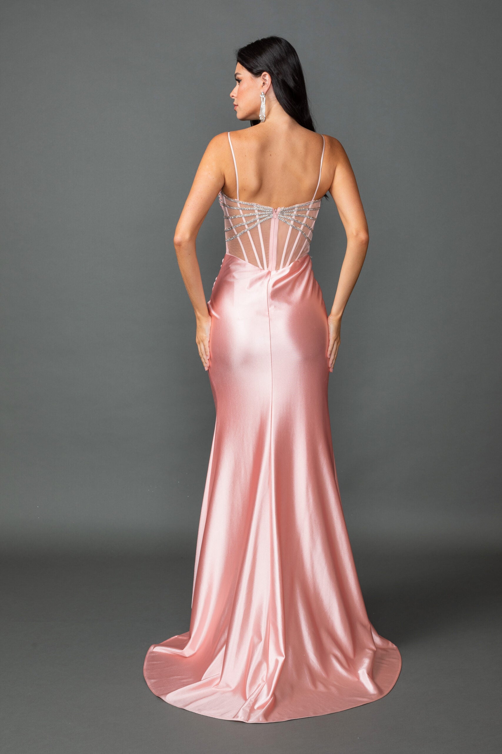 Beaded Corset Bodice with Ruched Satin Side Slit Skirt (4541)