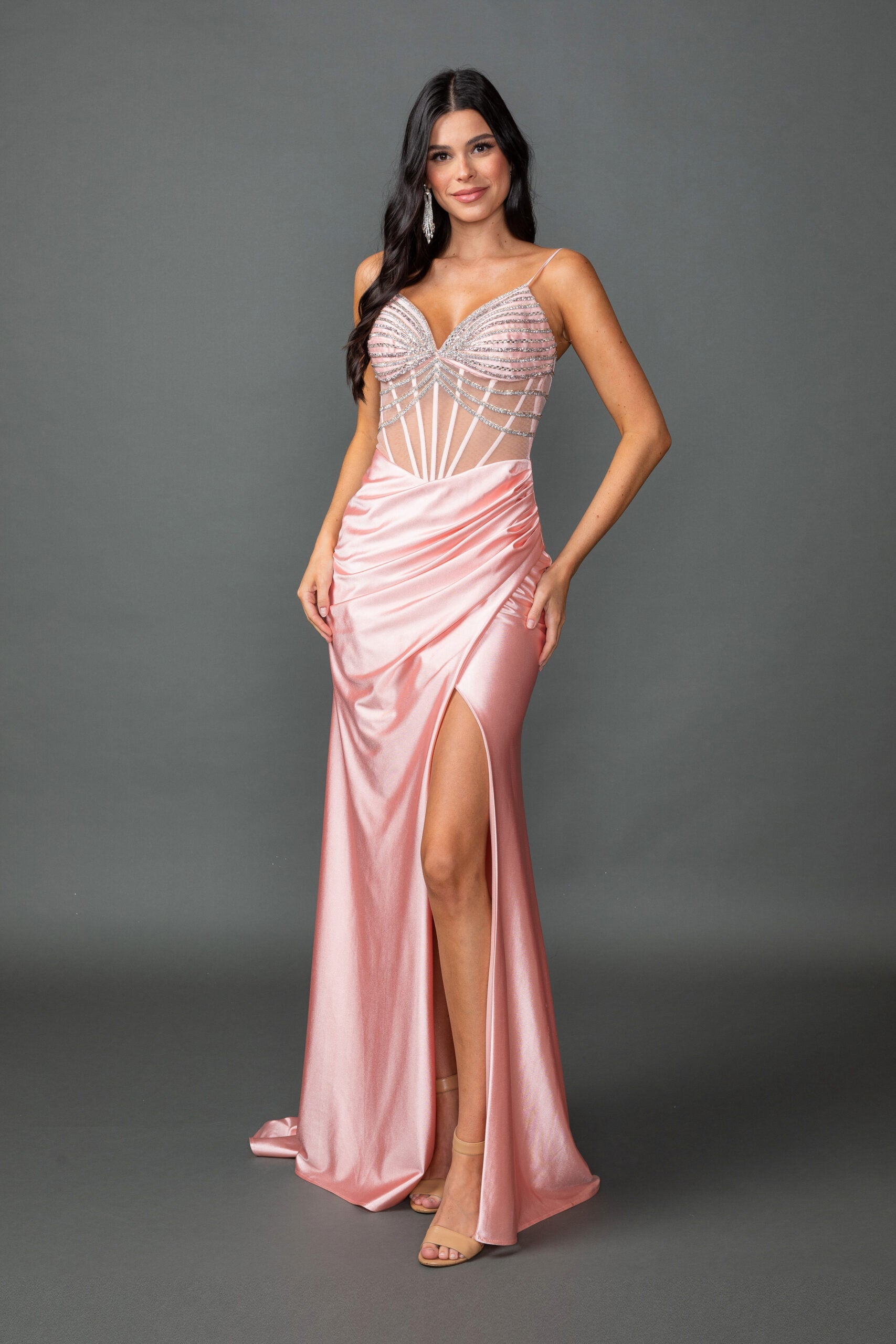 Beaded Corset Bodice with Ruched Satin Side Slit Skirt (4541)