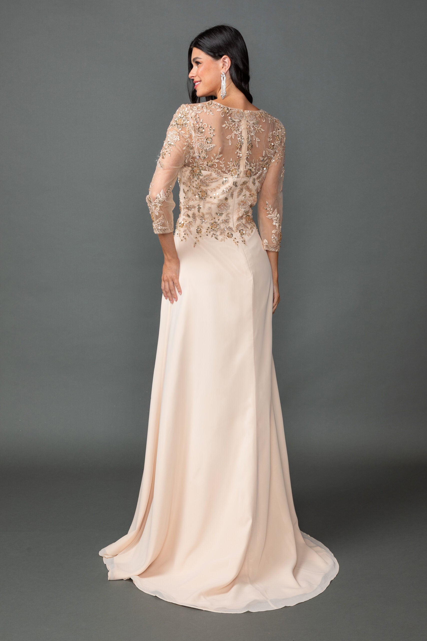 V-Neck Chiffon Evening Gown With Embroidered Bodice and Sleeves (4543)