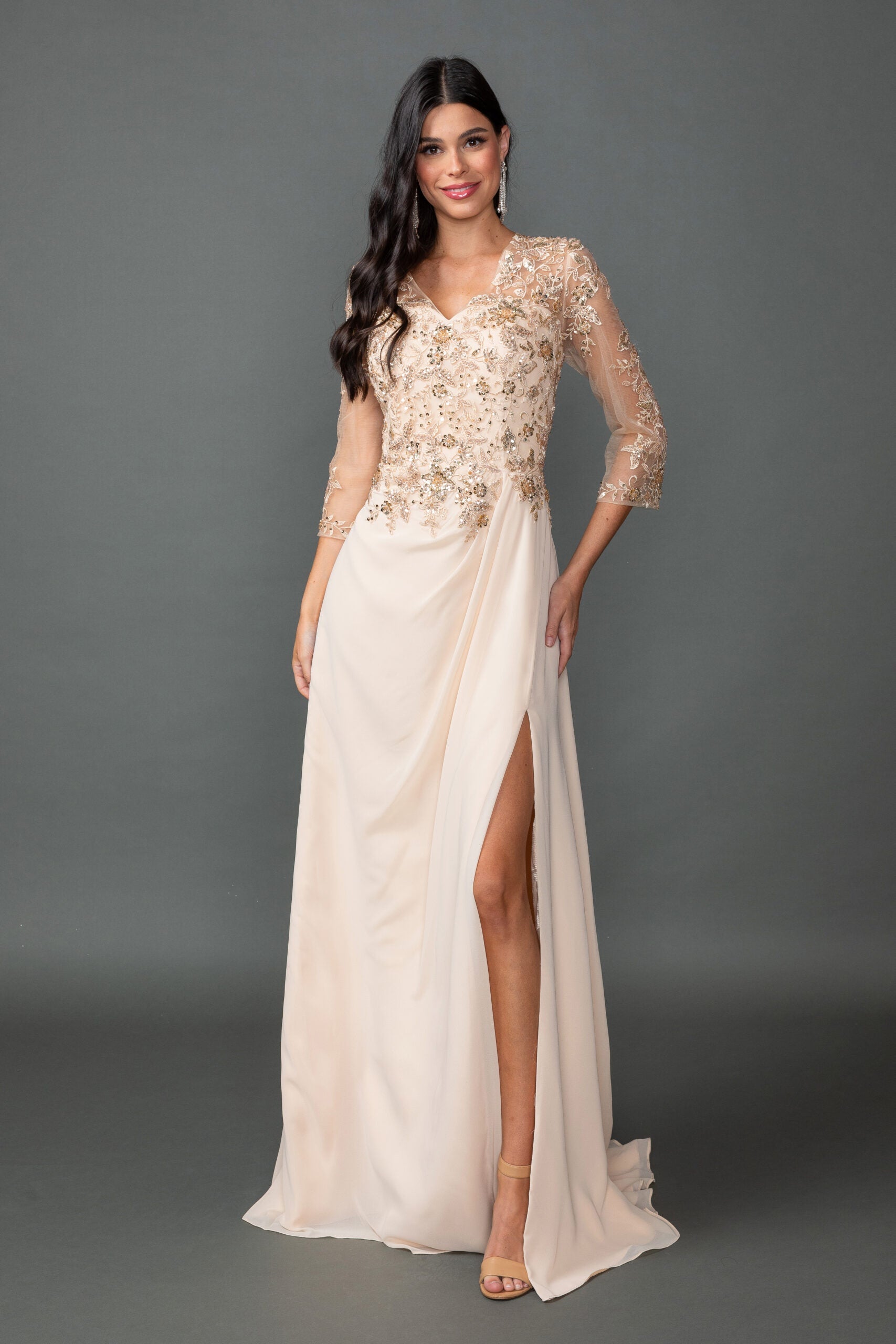 V-Neck Chiffon Evening Gown With Embroidered Bodice and Sleeves (4543)