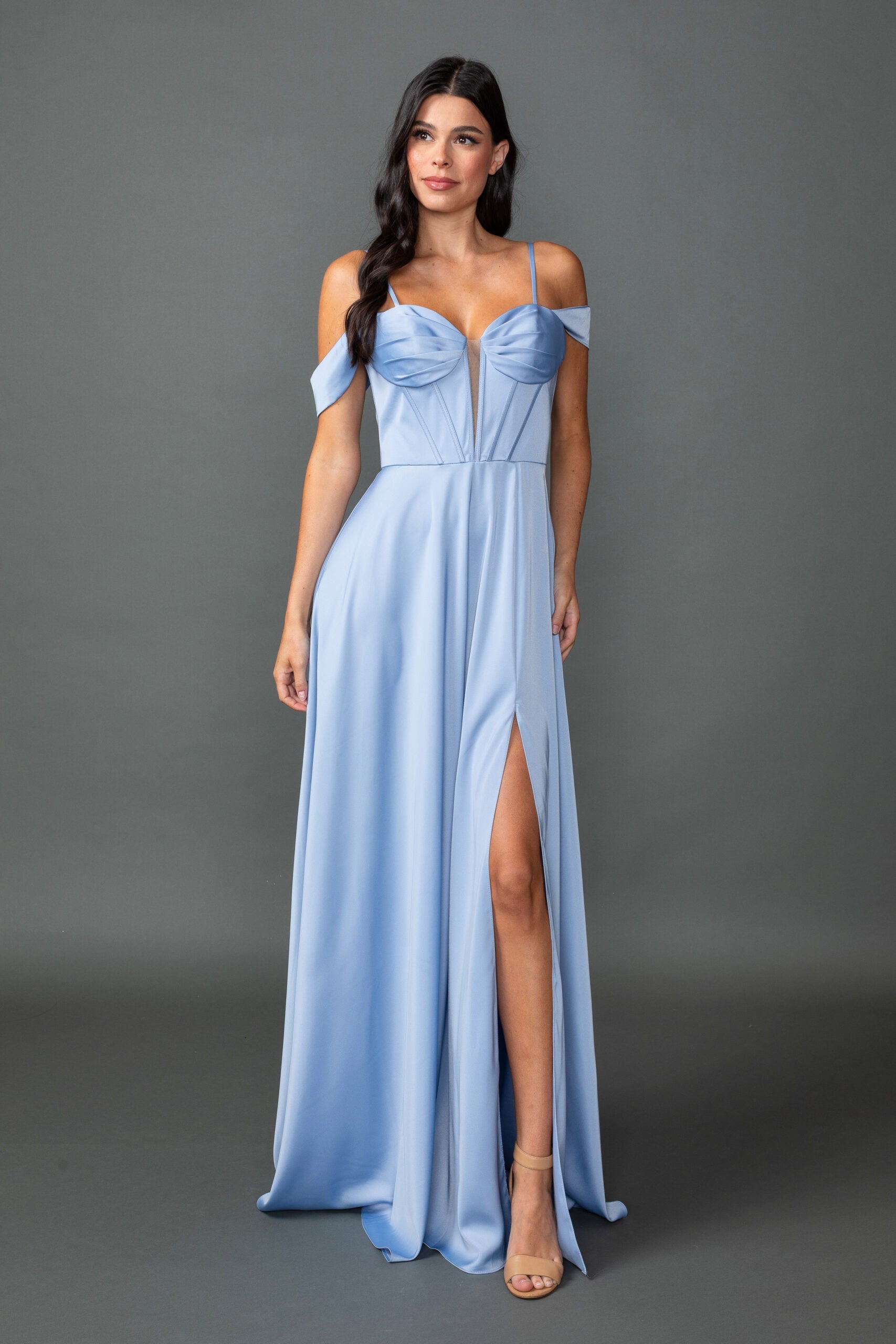 Sweetheart Satin A-Line Gown with Spaghetti Straps With Detachable Off-Shoulder and Slit (4544)