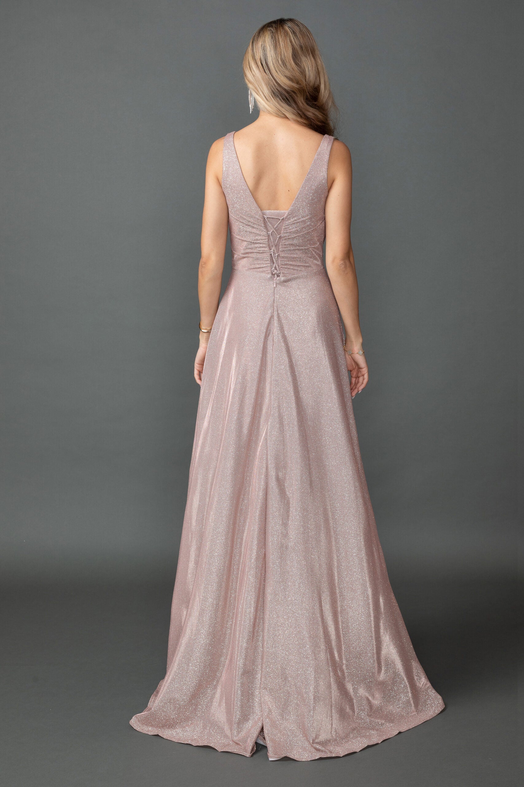 Sleeveless Glitter A-Line Gown with Ruched V-Neck Bodice (4545)