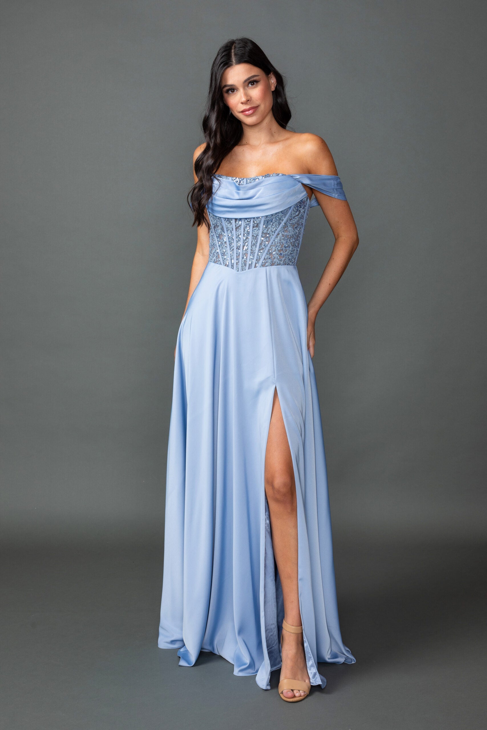 Off-Shoulder Satin A-Line Gown with Beaded Corset Bodice and Slit (4546A)