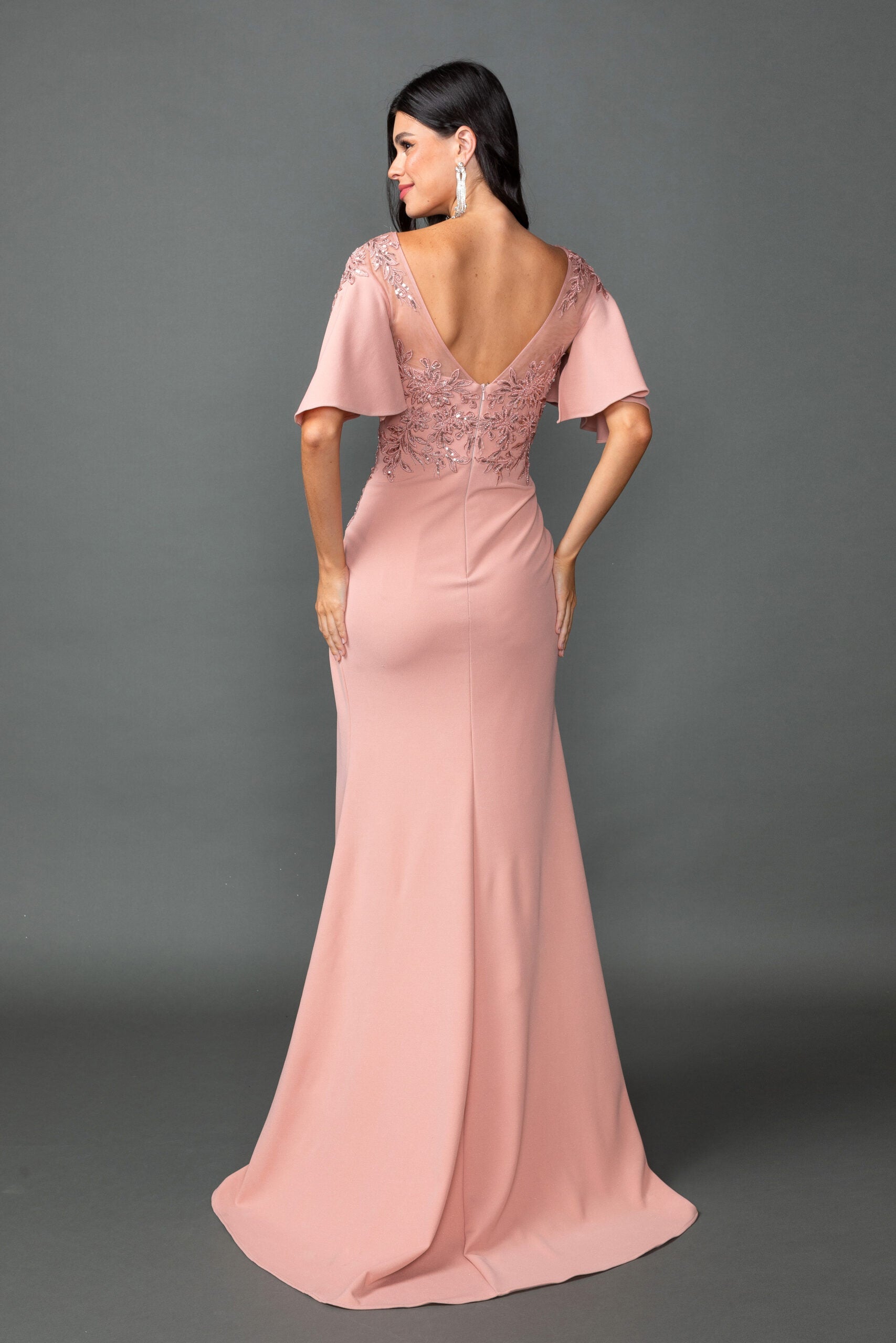 Embellished Bodice with Illusion Neckline and Flutter Sleeves (4549)