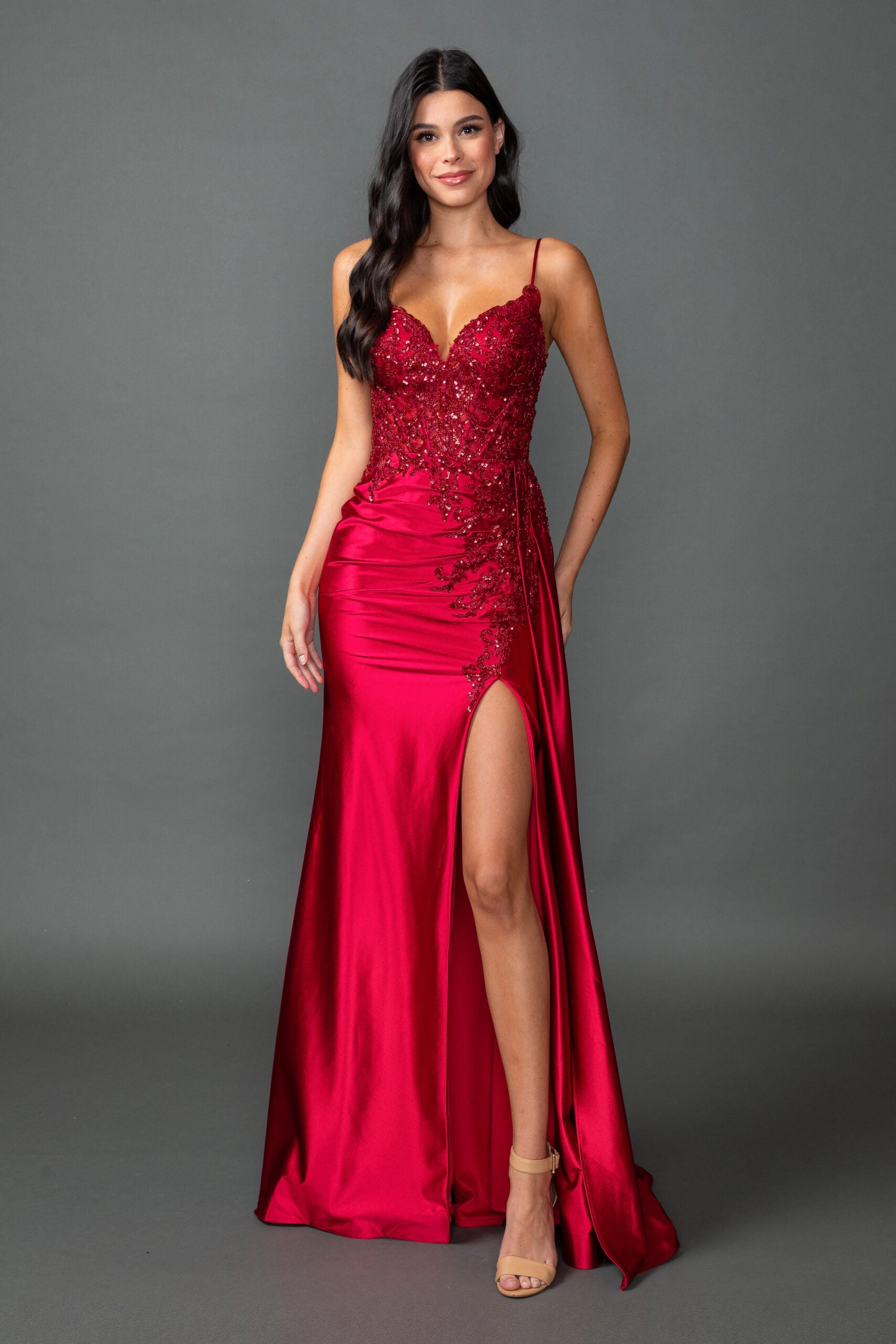 Exquisite Red Sequin Corset Slit Gown (4552)