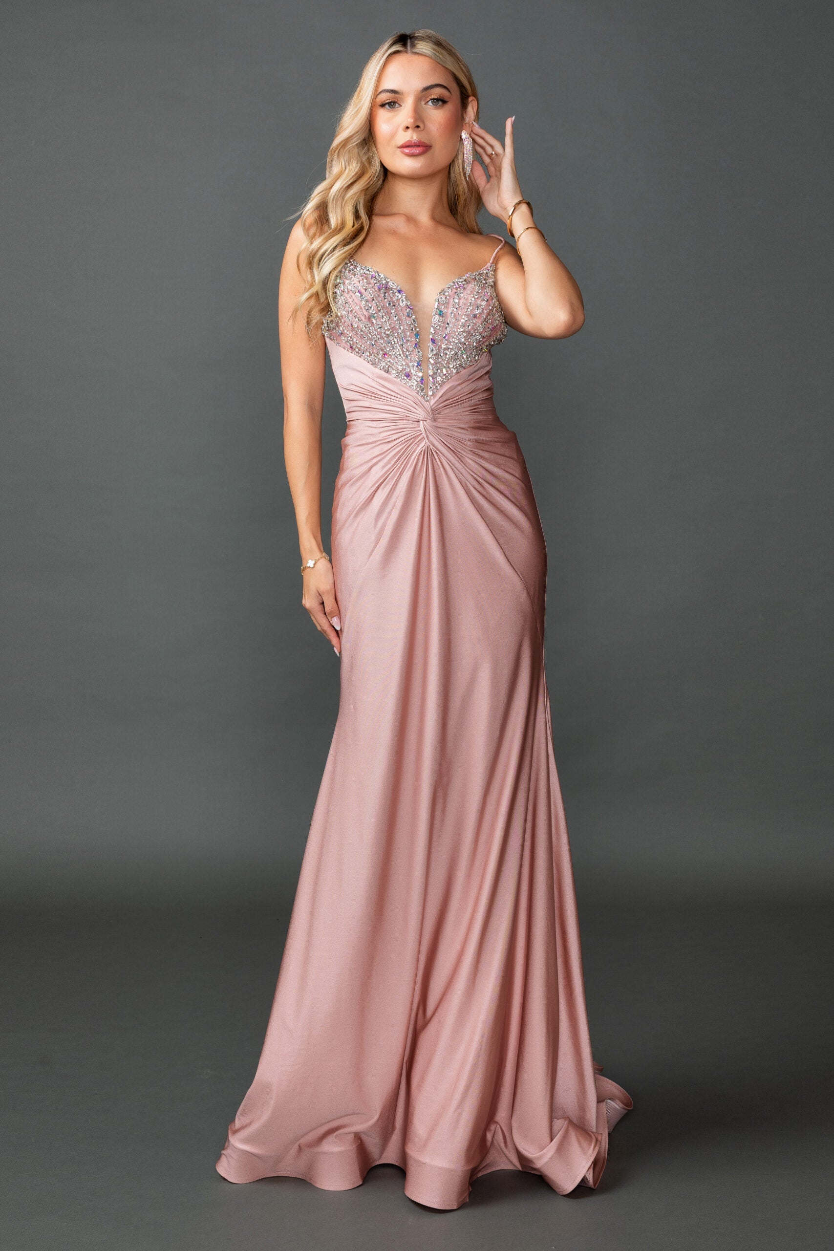 Radiant Rose Gold Sequin V Neck Prom Dress with Slit (4557)