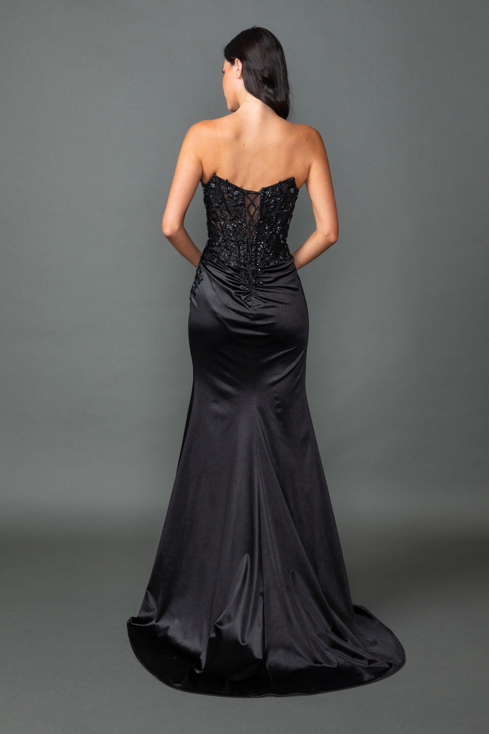 Strapless Beaded Corset Bodice Fitted Gown With Slit (4555)