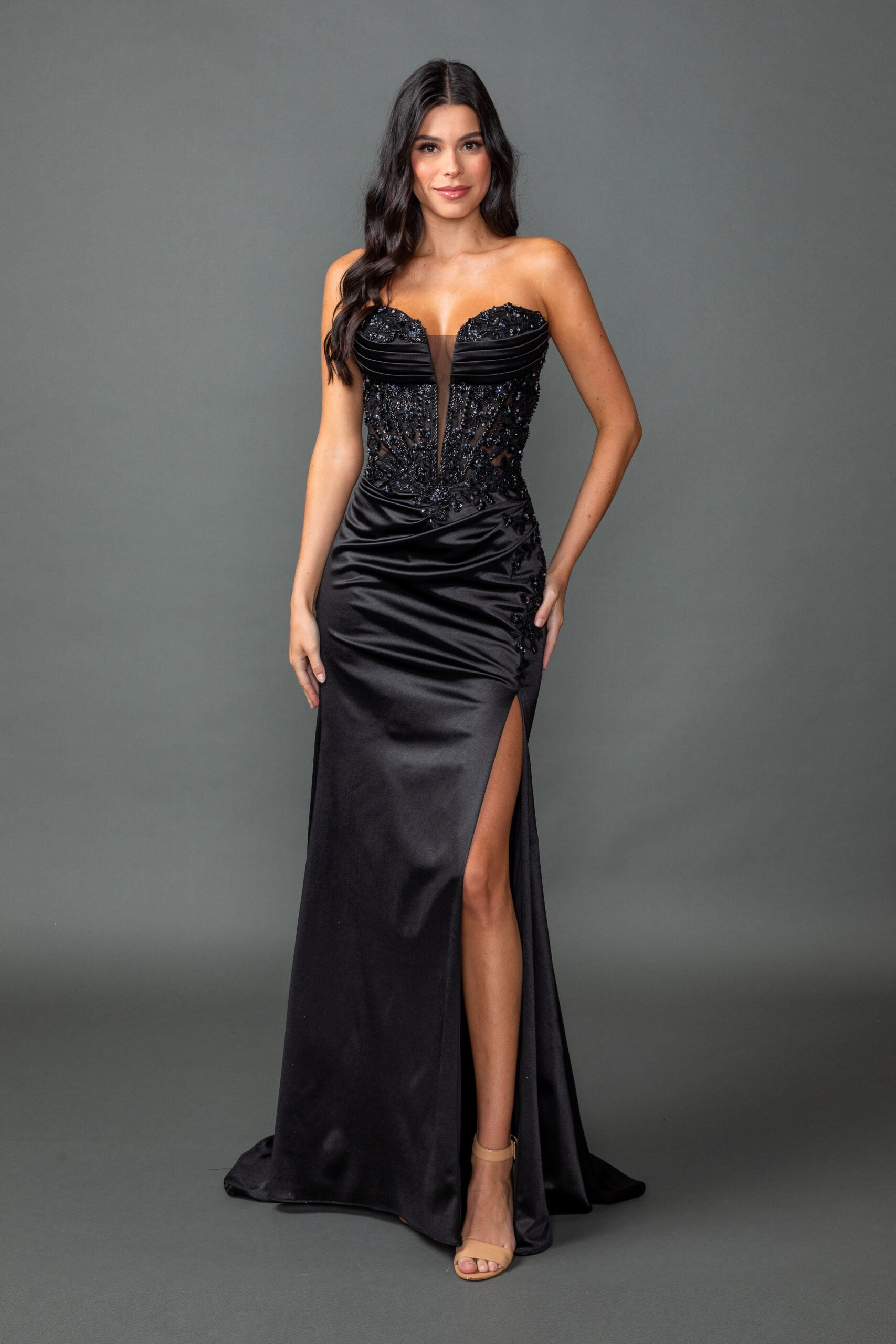 Strapless Beaded Corset Bodice Fitted Gown With Slit (4555)
