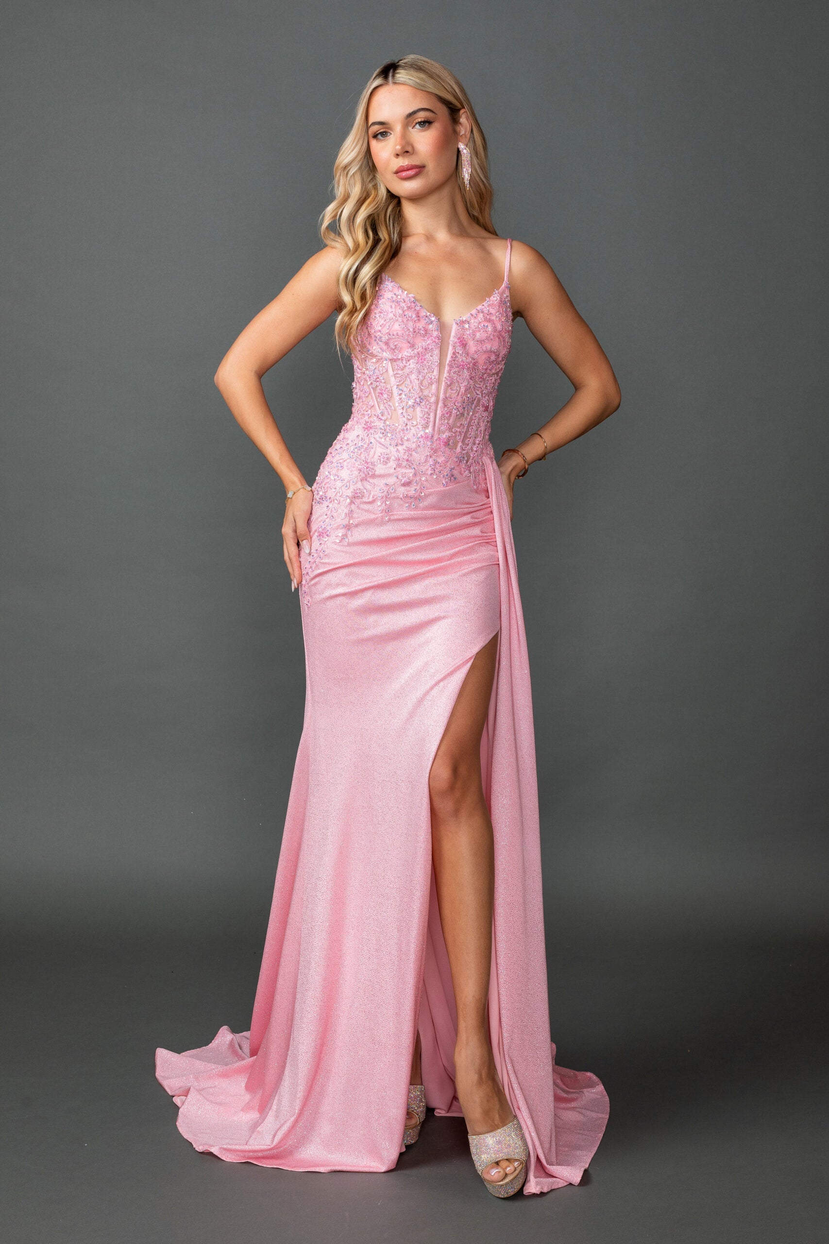 Dazzling Pink Beaded Glitter Corset Prom Dress with Slit (4556)