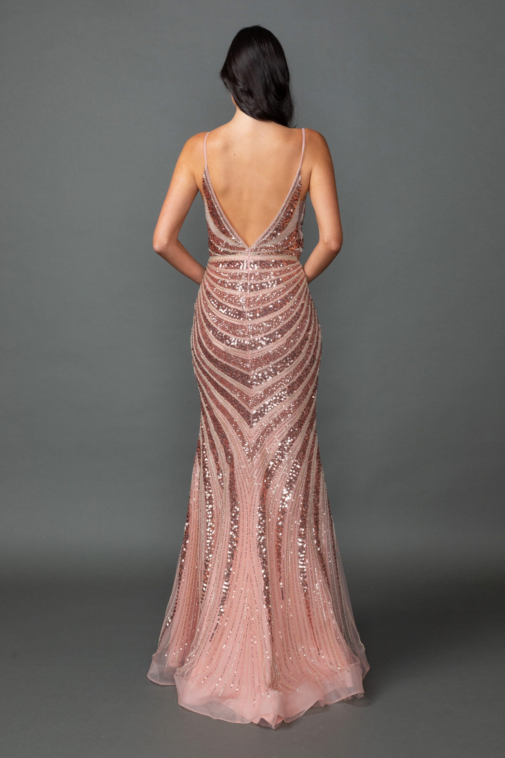 Radiant Rose Gold Sequin V Neck Prom Dress with Slit (4557)