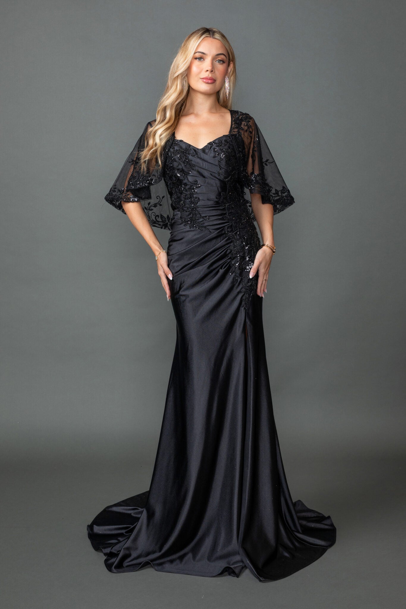 Sweetheart Neckline Evening Gown with Beaded Lace Bodice and Slit (4558)