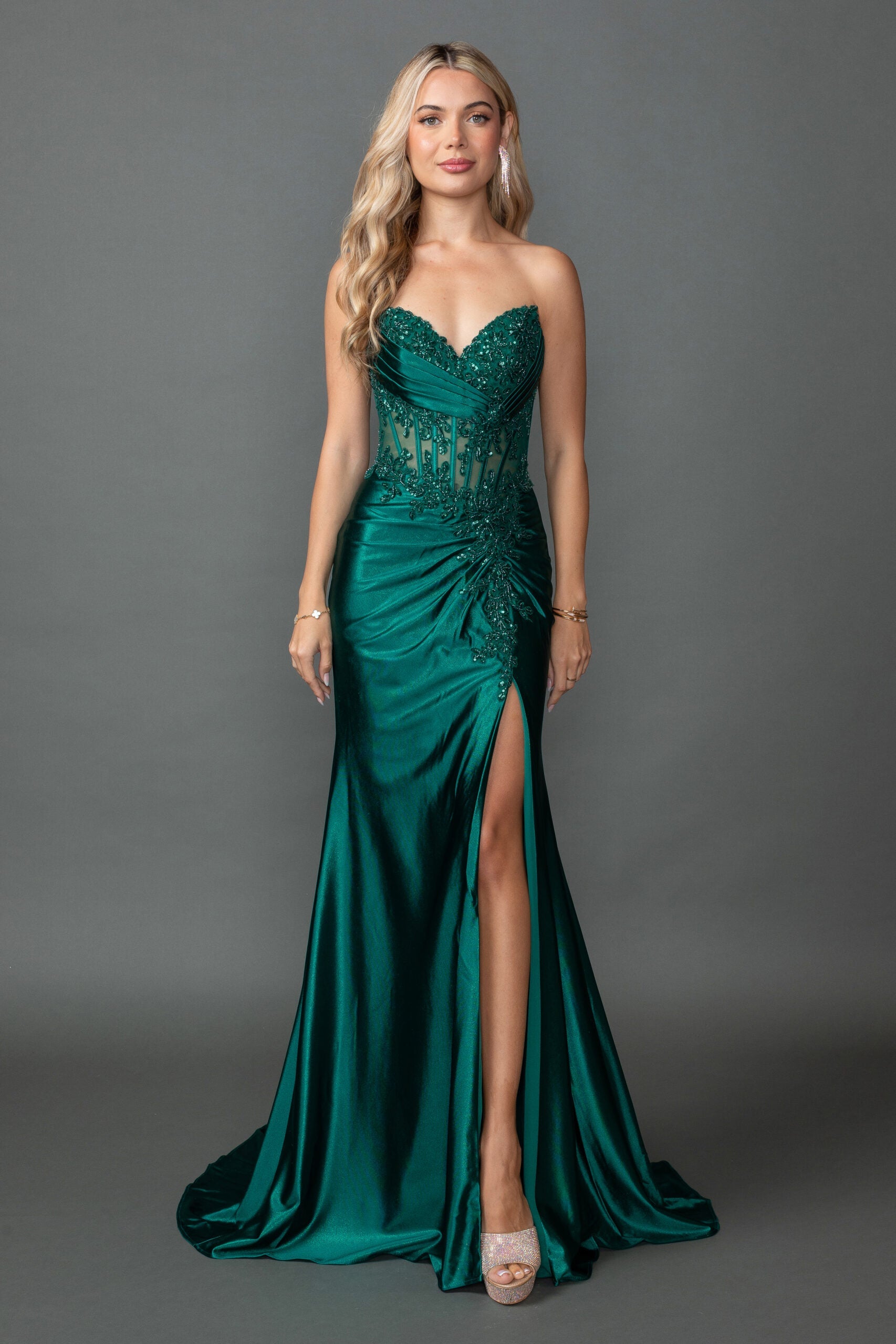 Strapless Fitted Gown With Embroidered Corset Bodice & Slit (4560)