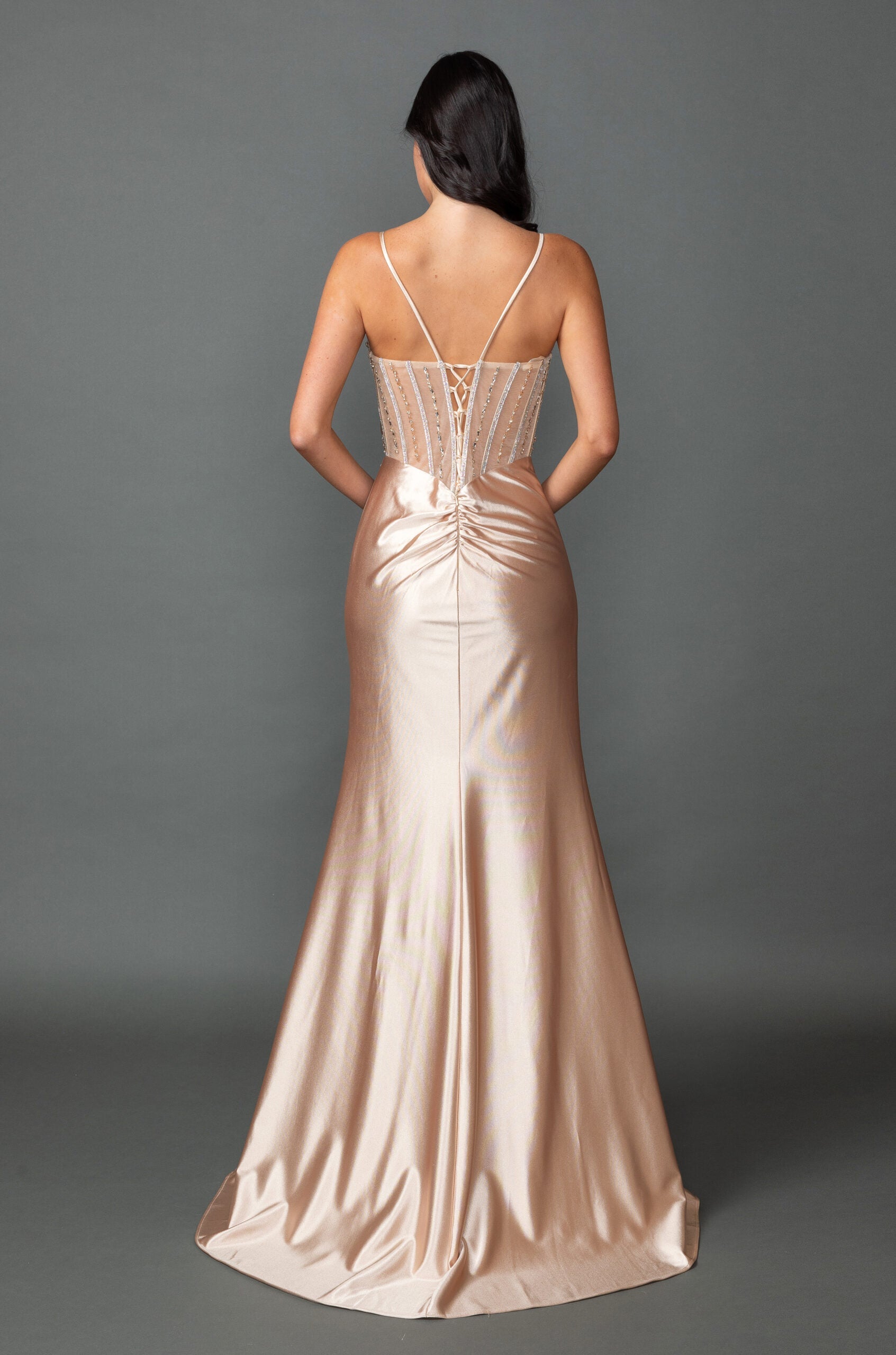 Embellished Corset Bodice With Draped Satin Skirt and Slit (4561)