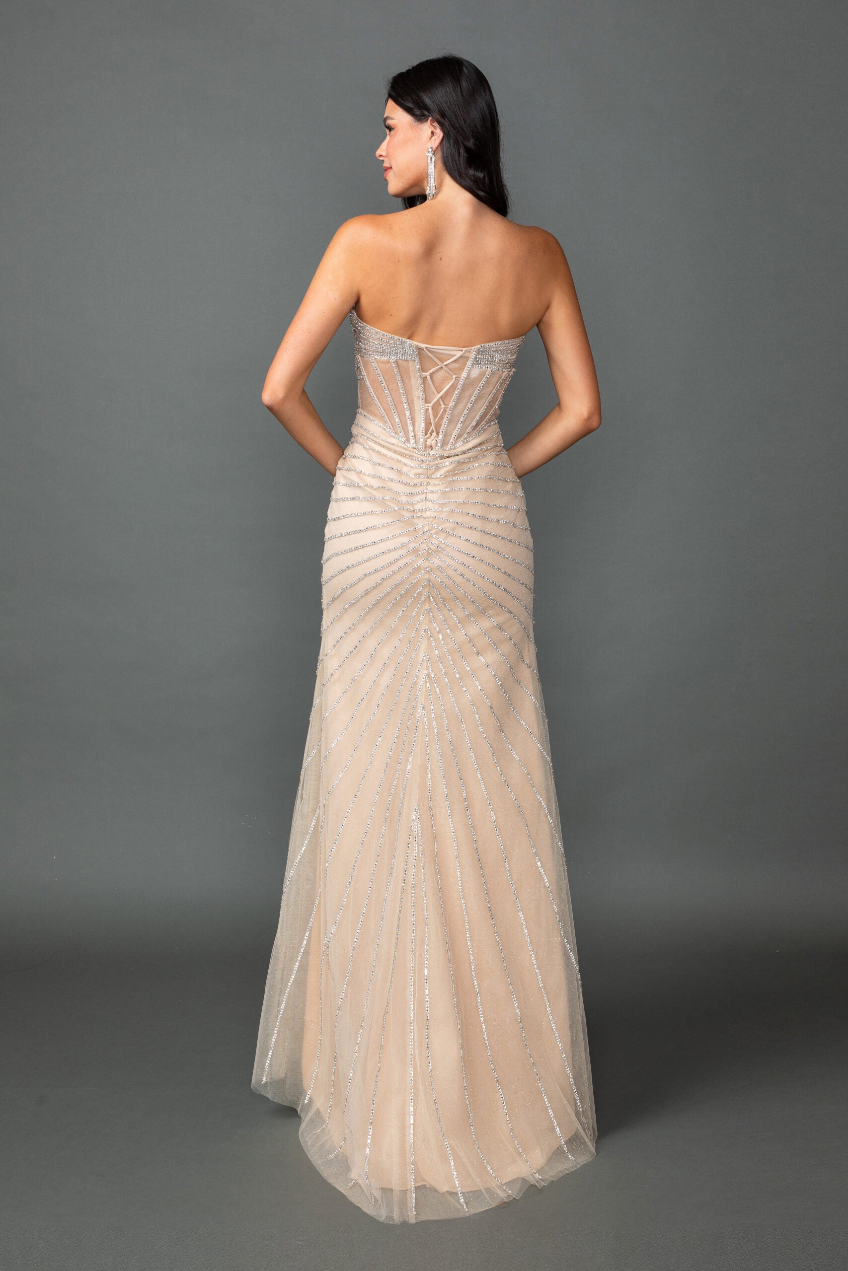 Strapless Beaded Mesh Gown with Radiating Embellishment and High Slit (4562)