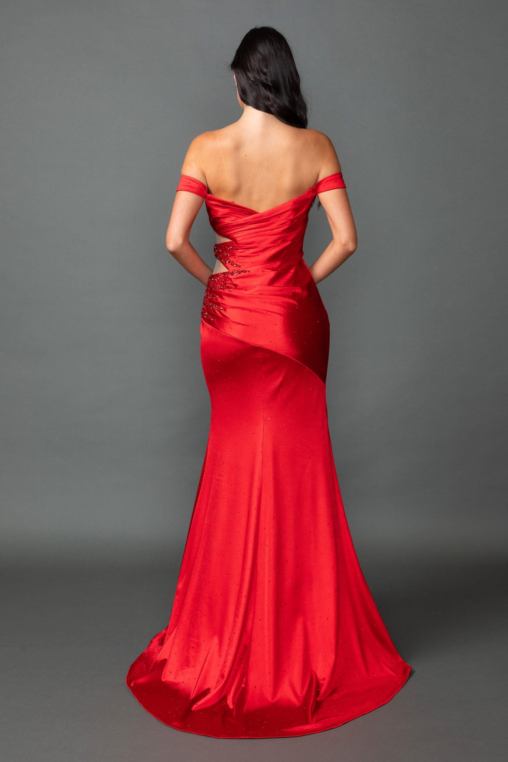Off-Shoulder Side Embellished Fitted Dress with Slit (4563)