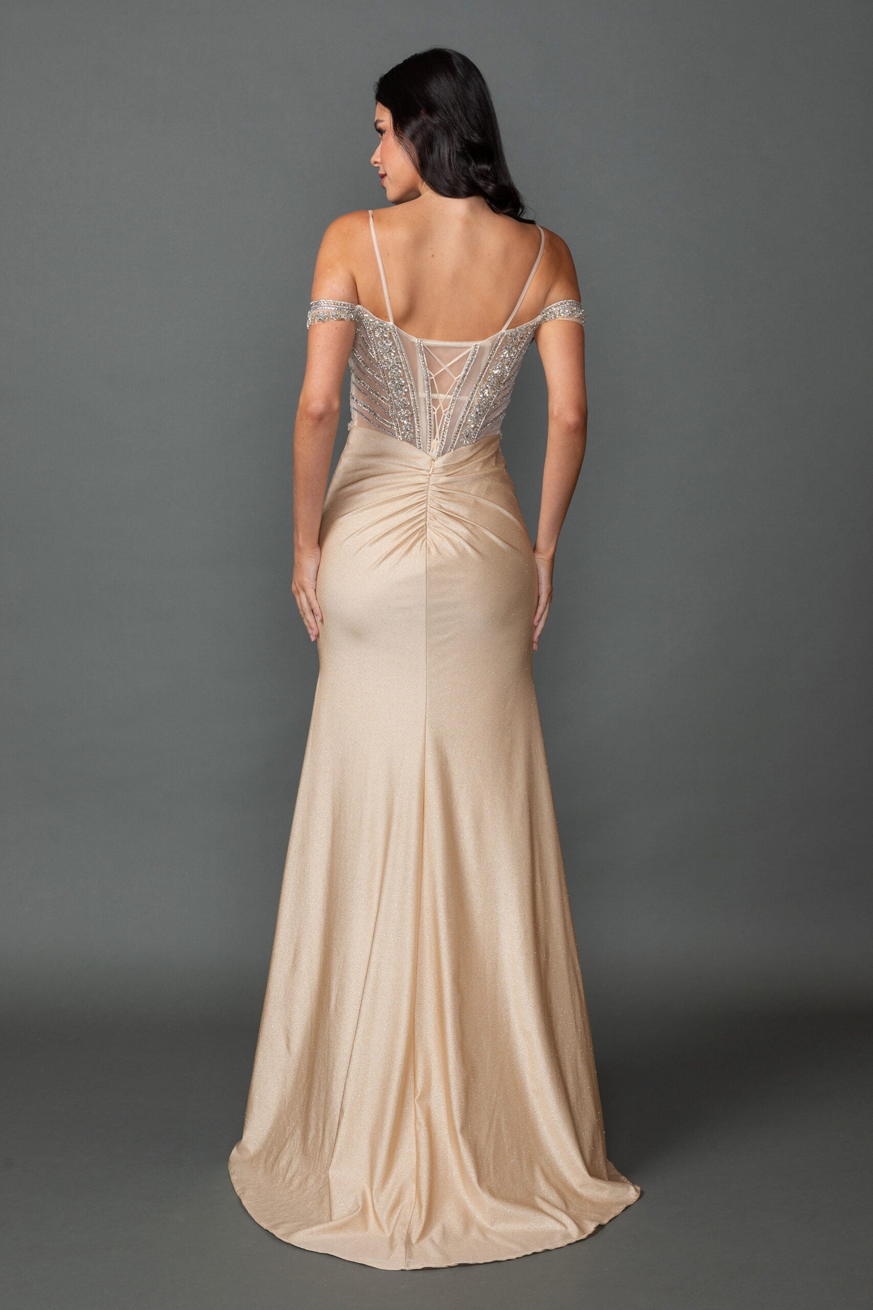 Sweetheart Off-Shoulder Illusion Corset Beaded Bodice Fitted Dress (4565)