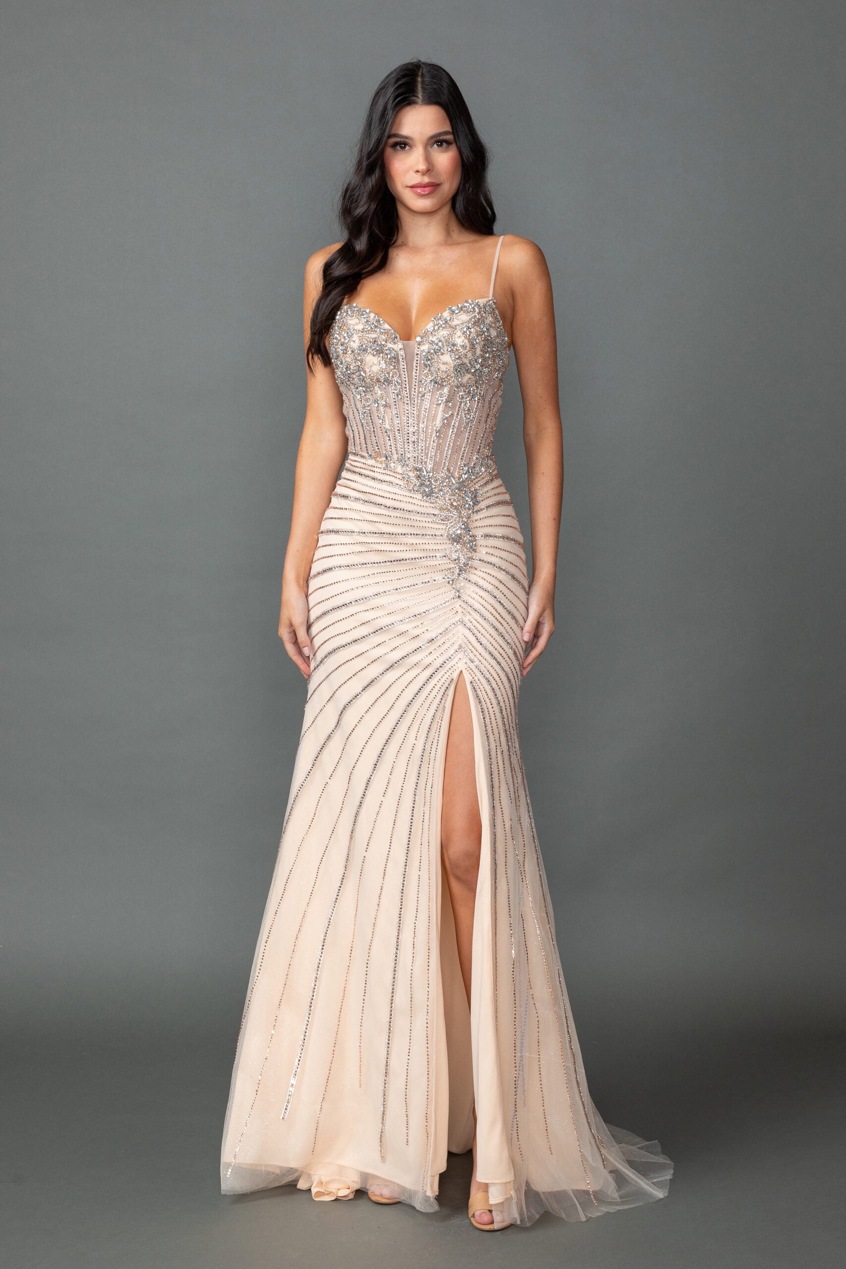Spaghetti Strap Sweetheart Illusion Corset Prom Dress with Radiating Beaded Embellishment and High Slit (4566)