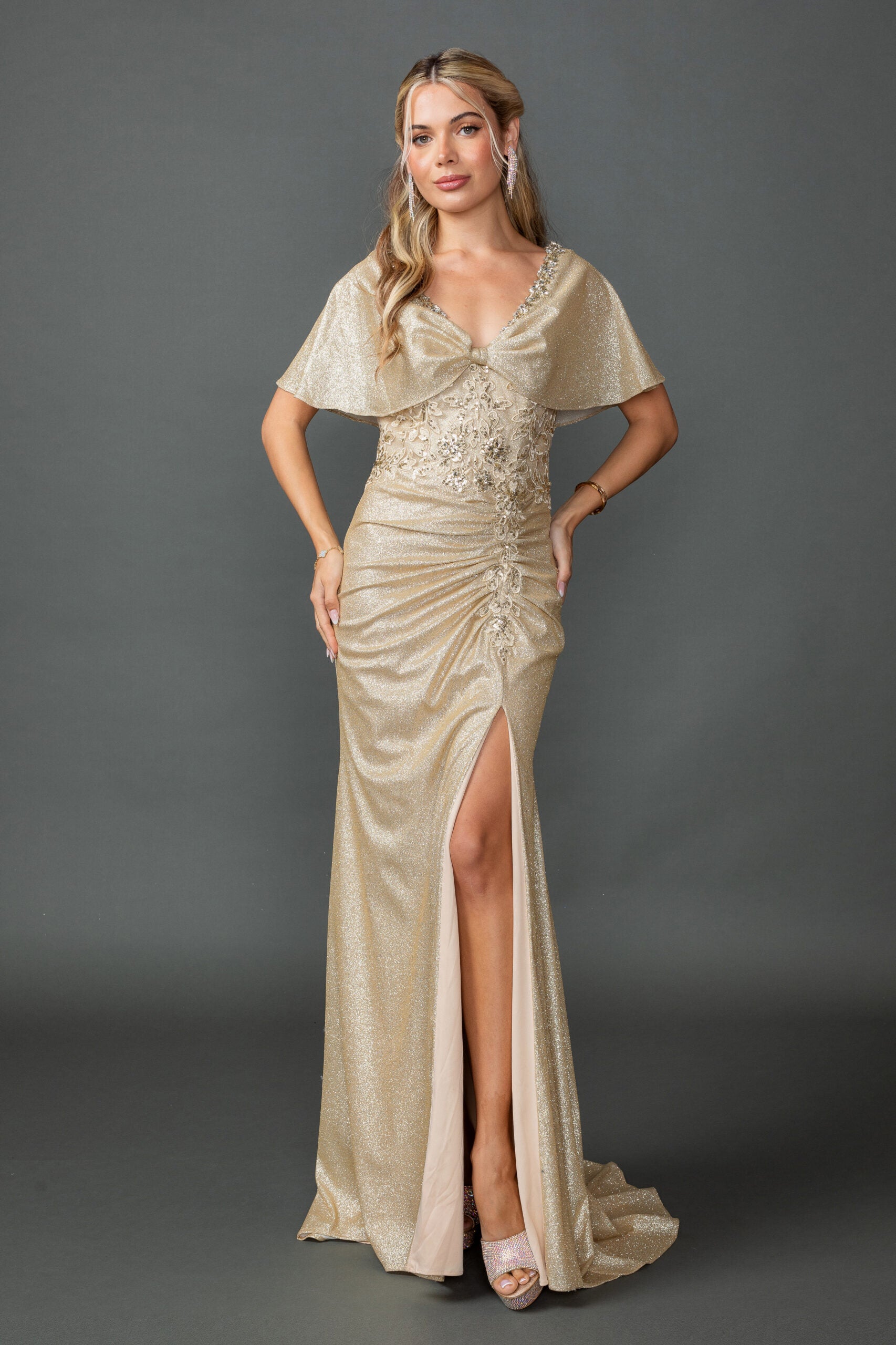 Sweetheart Neck Prom Dress with Embellished Bodice and Draped Skirt with High Slit (4568)
