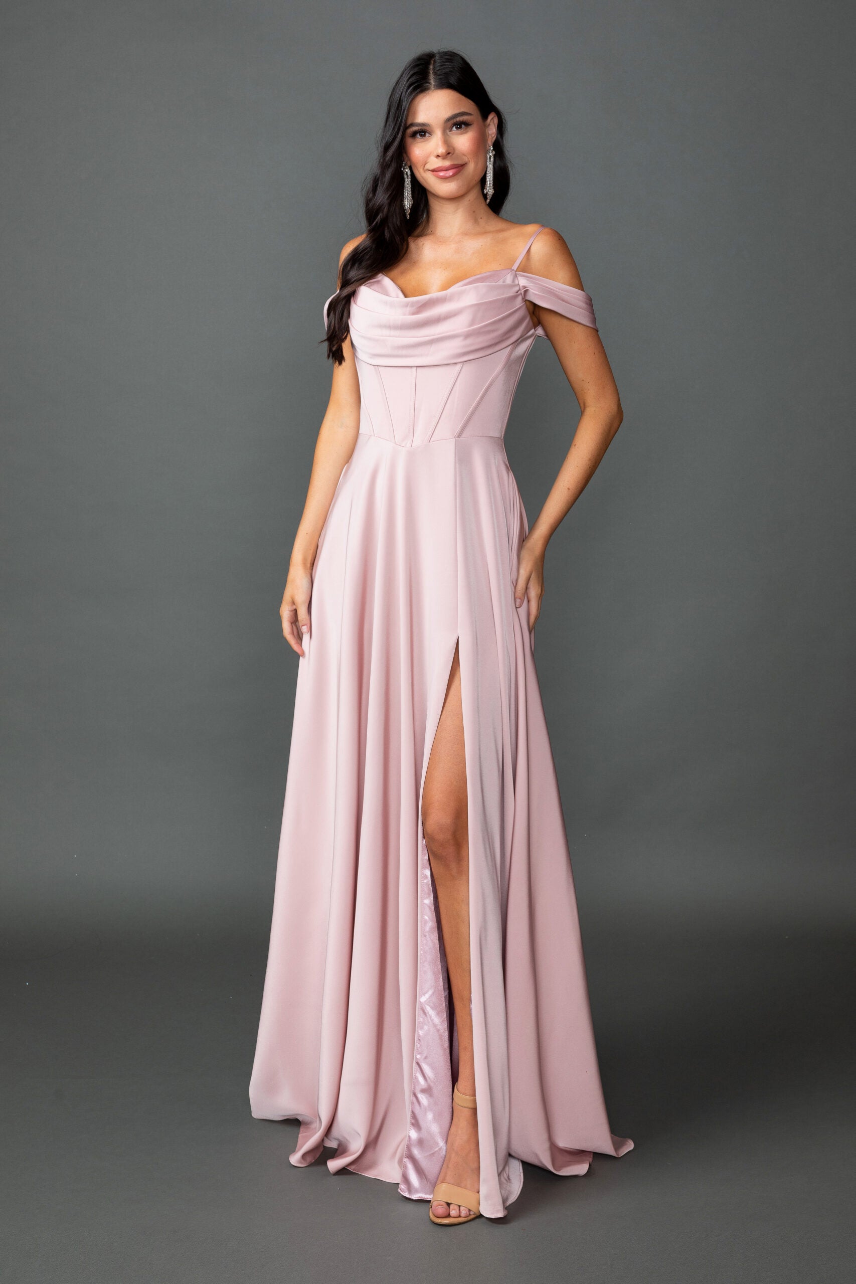 V-Neck Metallic Prom Dress with Flutter Sleeves and High Slit (4569)