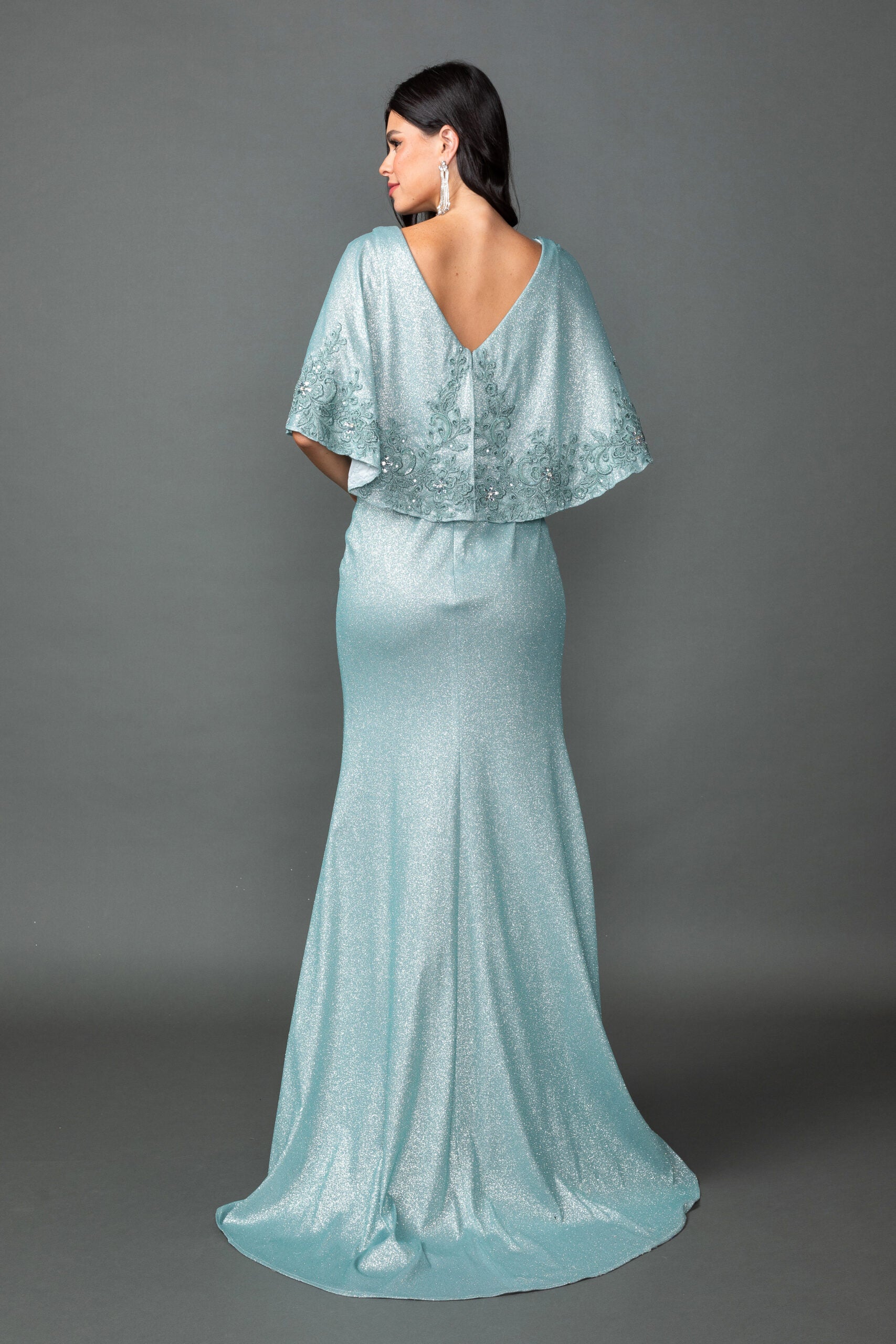 V-Neck Metallic Evening Gown with Flutter Sleeves and High Slit (4569)