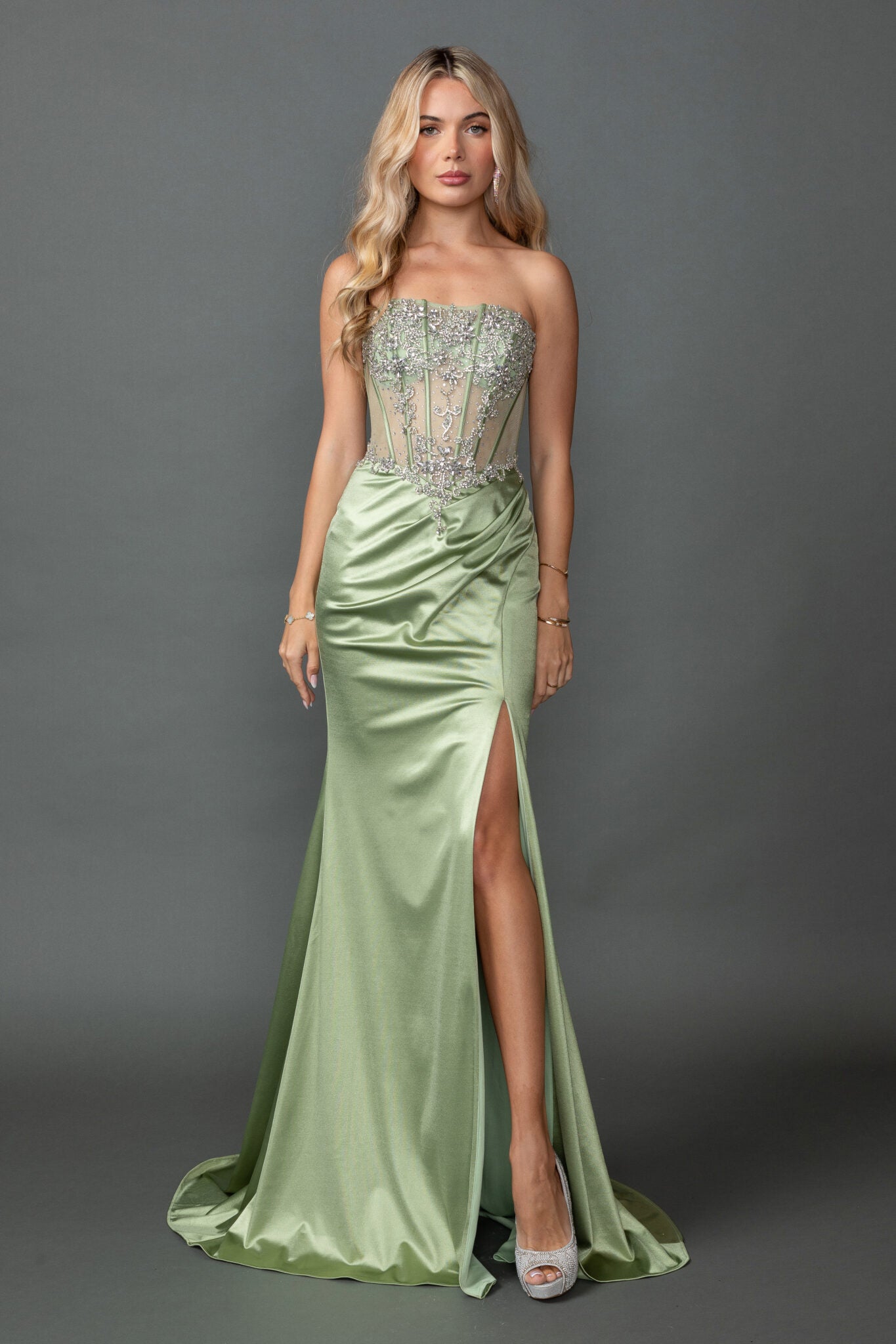 Strapless Embellished Illusion Corset Satin Fitted Prom Dress with High Slit (4572)