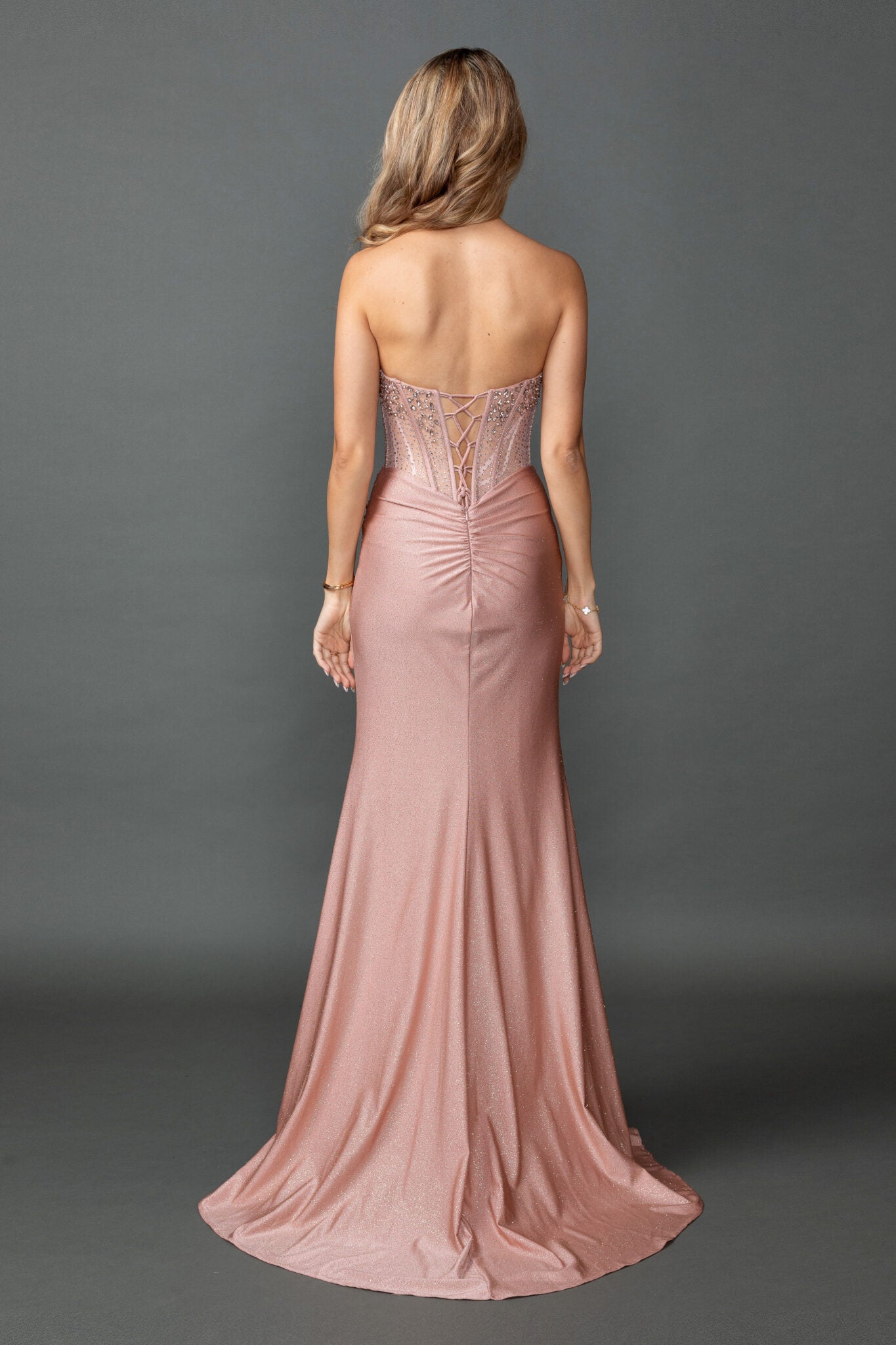 Strapless Embellished Corset Bodice Draped Satin Fitted Prom Dress with High Slit and Train (4573)