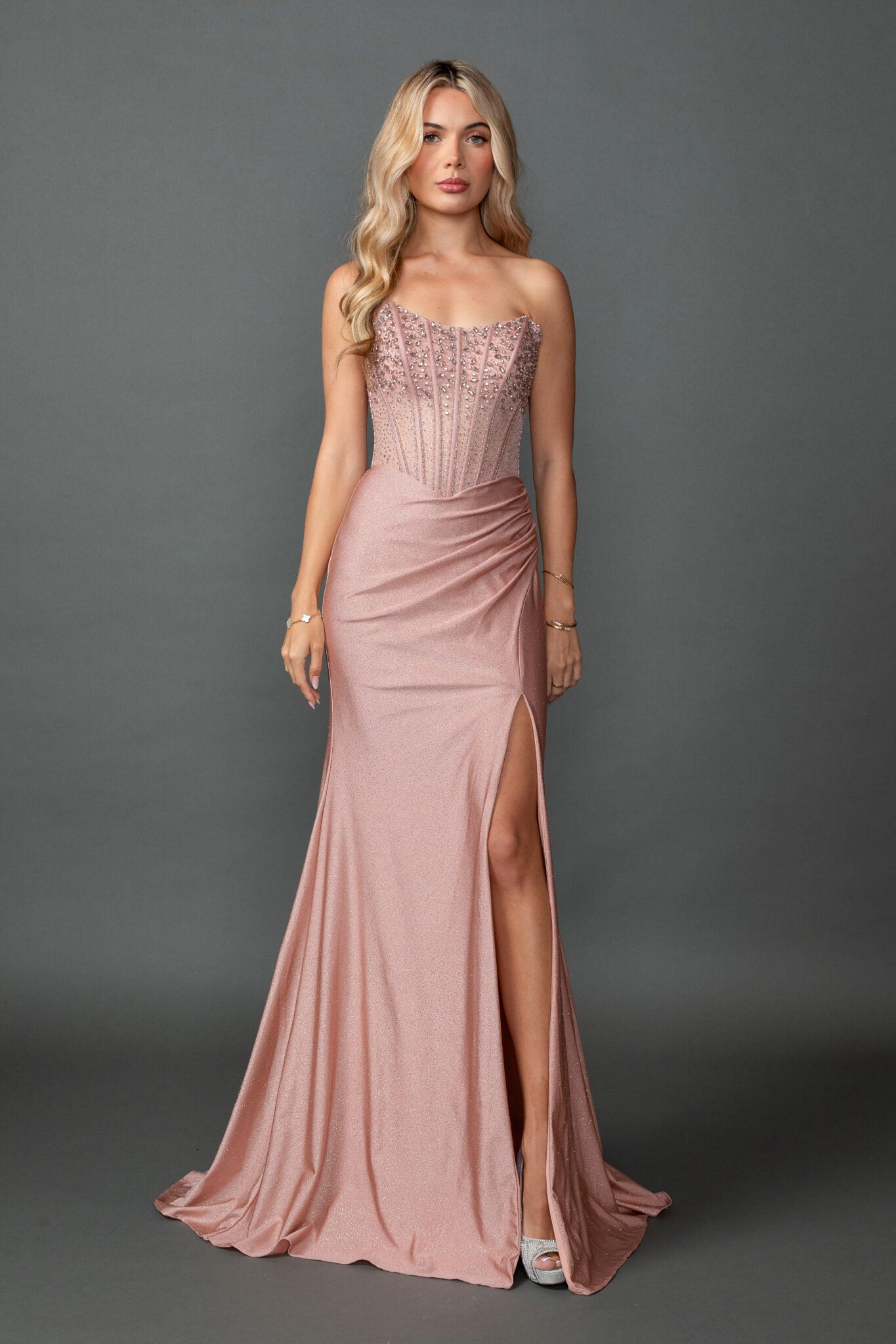 Strapless Embellished Corset Bodice Draped Satin Fitted Prom Dress with High Slit and Train (4573)