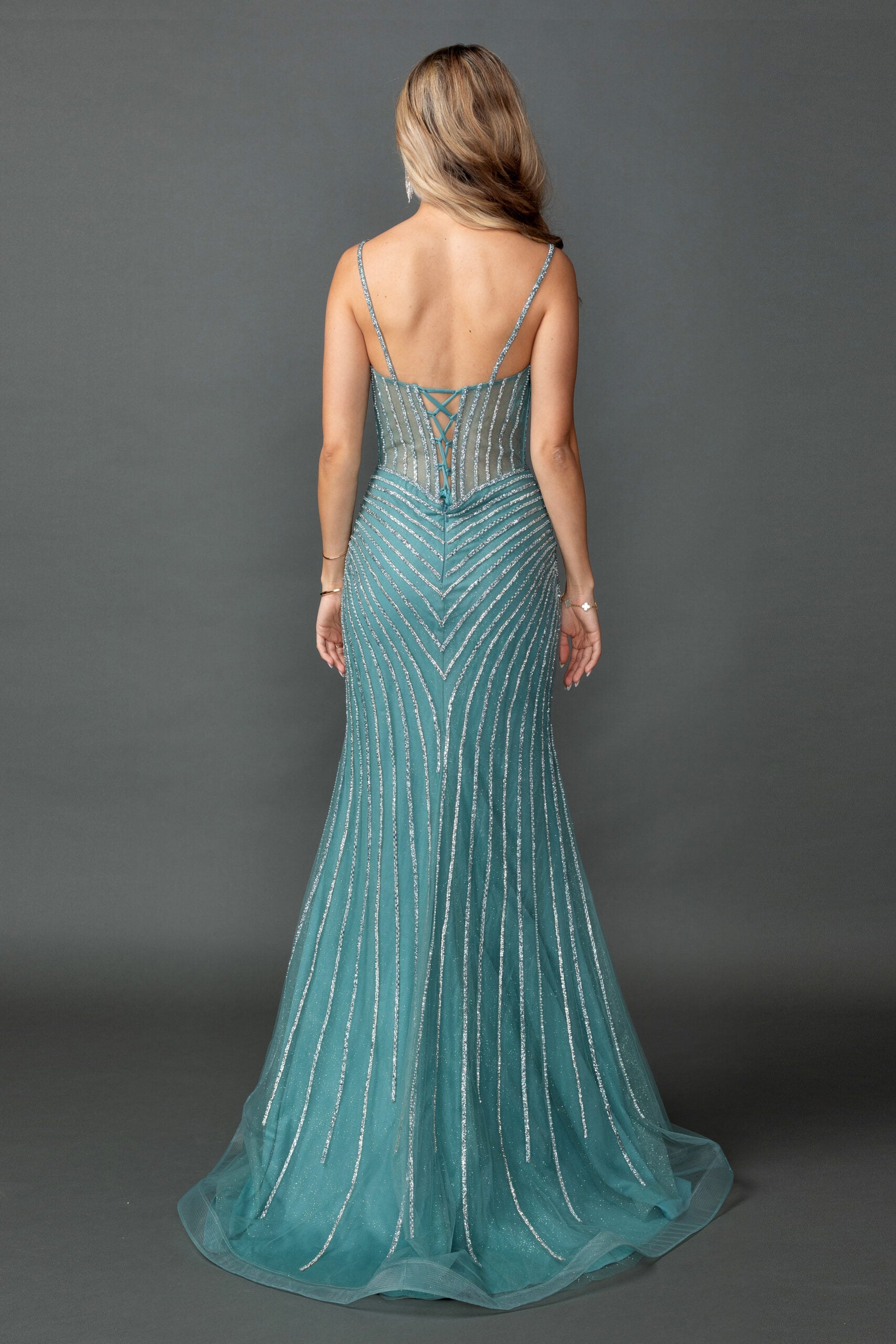 Beaded Illusion Corset Bodice with Spaghetti Strap Mermaid Evening Gown With Slit (4574)
