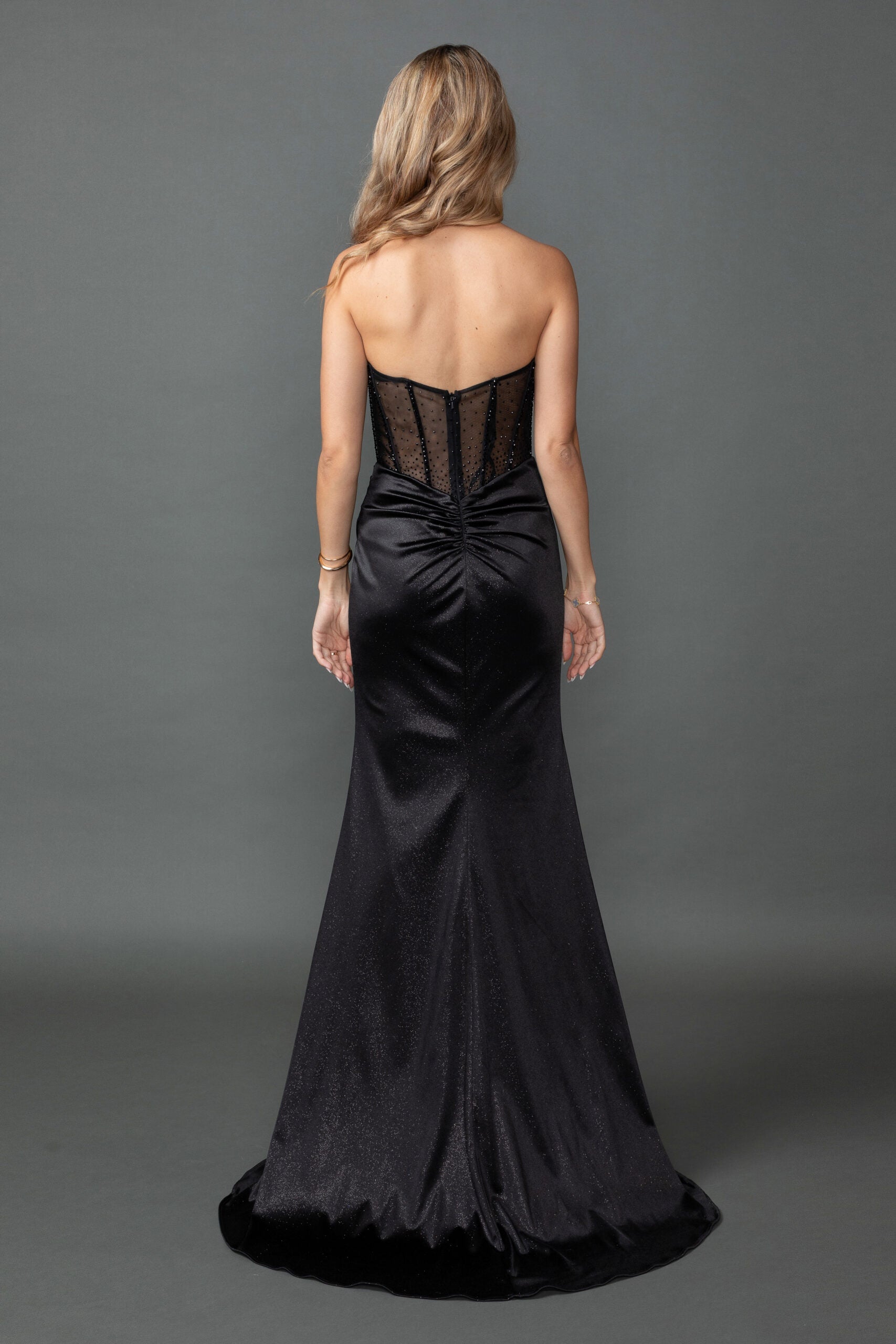 Beaded Sheer Corset Bodice Fitted Dress With Slit (4577)