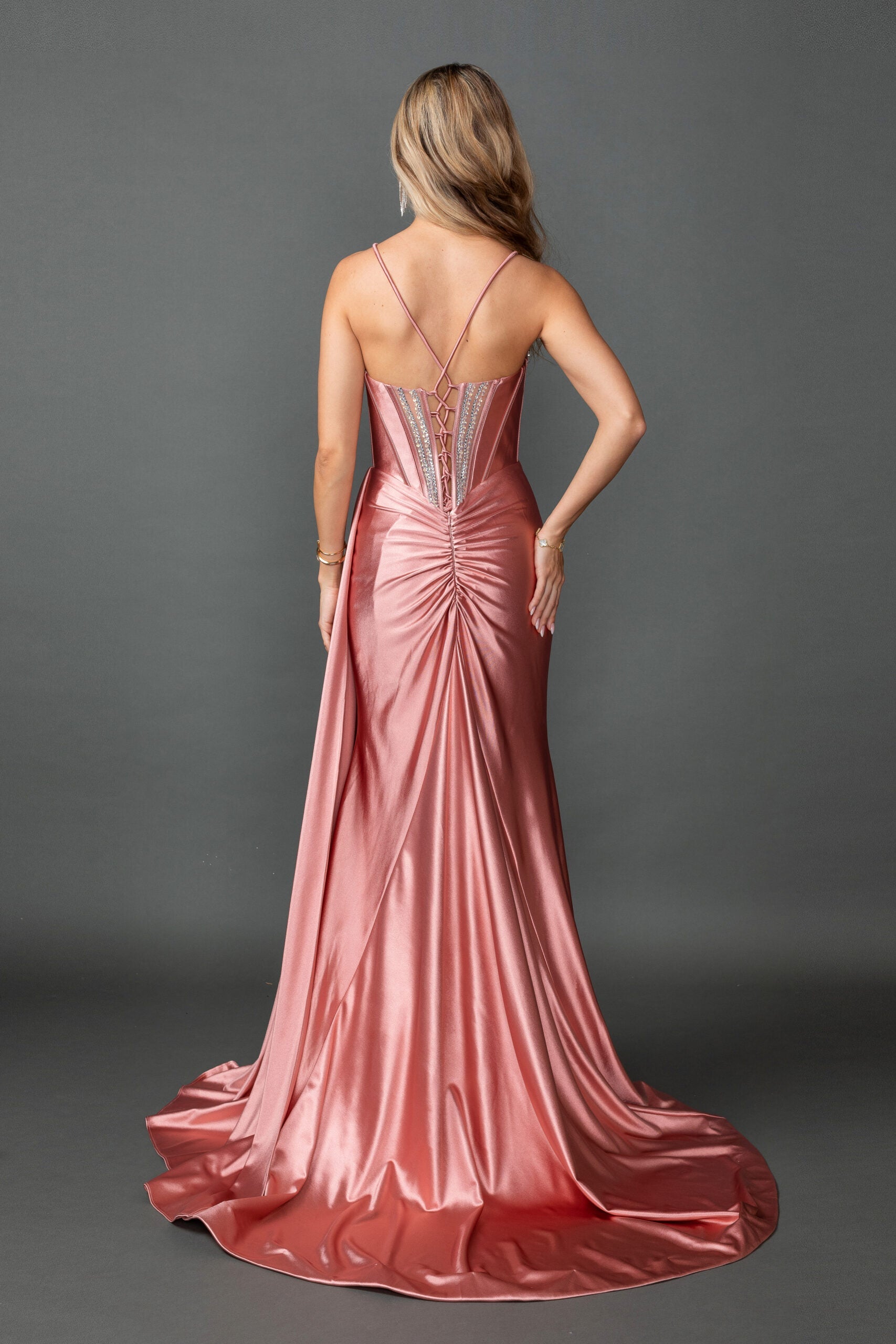 Beaded Corset Bodice Satin Draped Skirt with Spaghetti Strap Dress (4581)