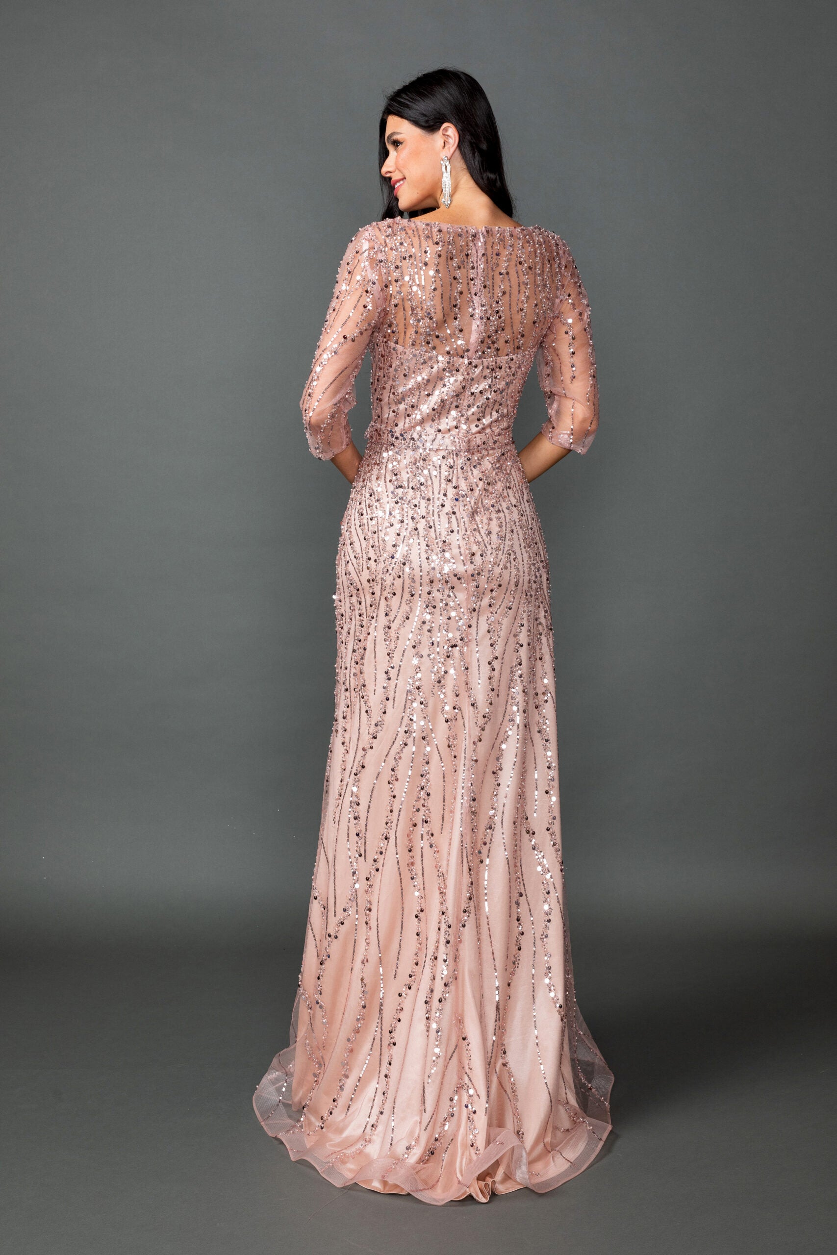 Illusion Beaded Long Sleeve Fitted Mesh Prom Dress (4588)