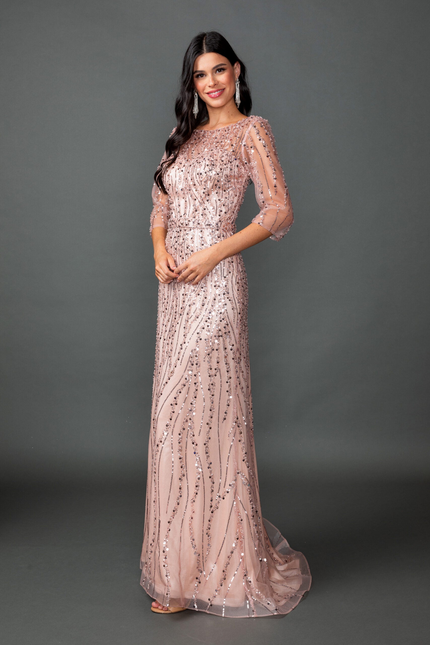 Illusion Beaded Long Sleeve Fitted Mesh Prom Dress (4588)