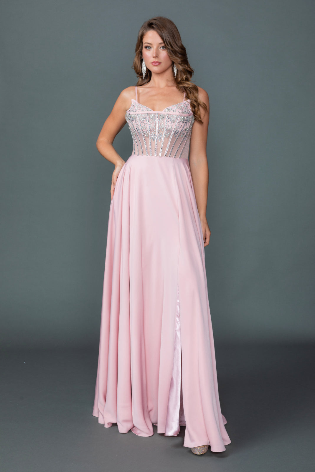 Sweetheart Neckline Illusion Corset Bodice Prom Dress with Flowing A Line Skirt and High Slit (4589)