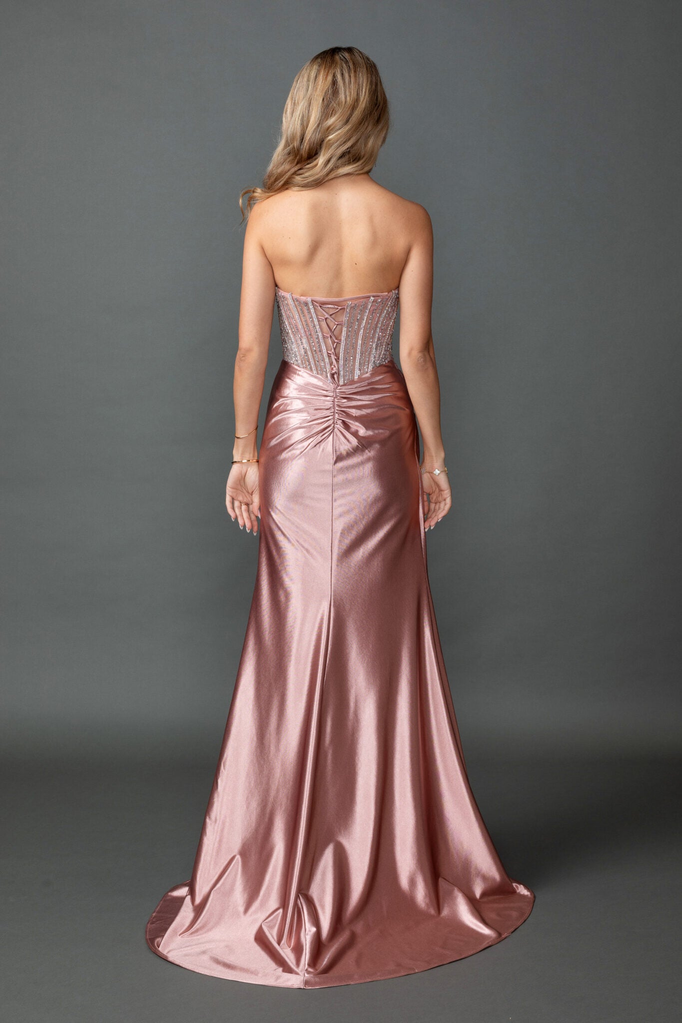 Elegant Strapless Satin Gown with Beaded Illusion Corset (4593)