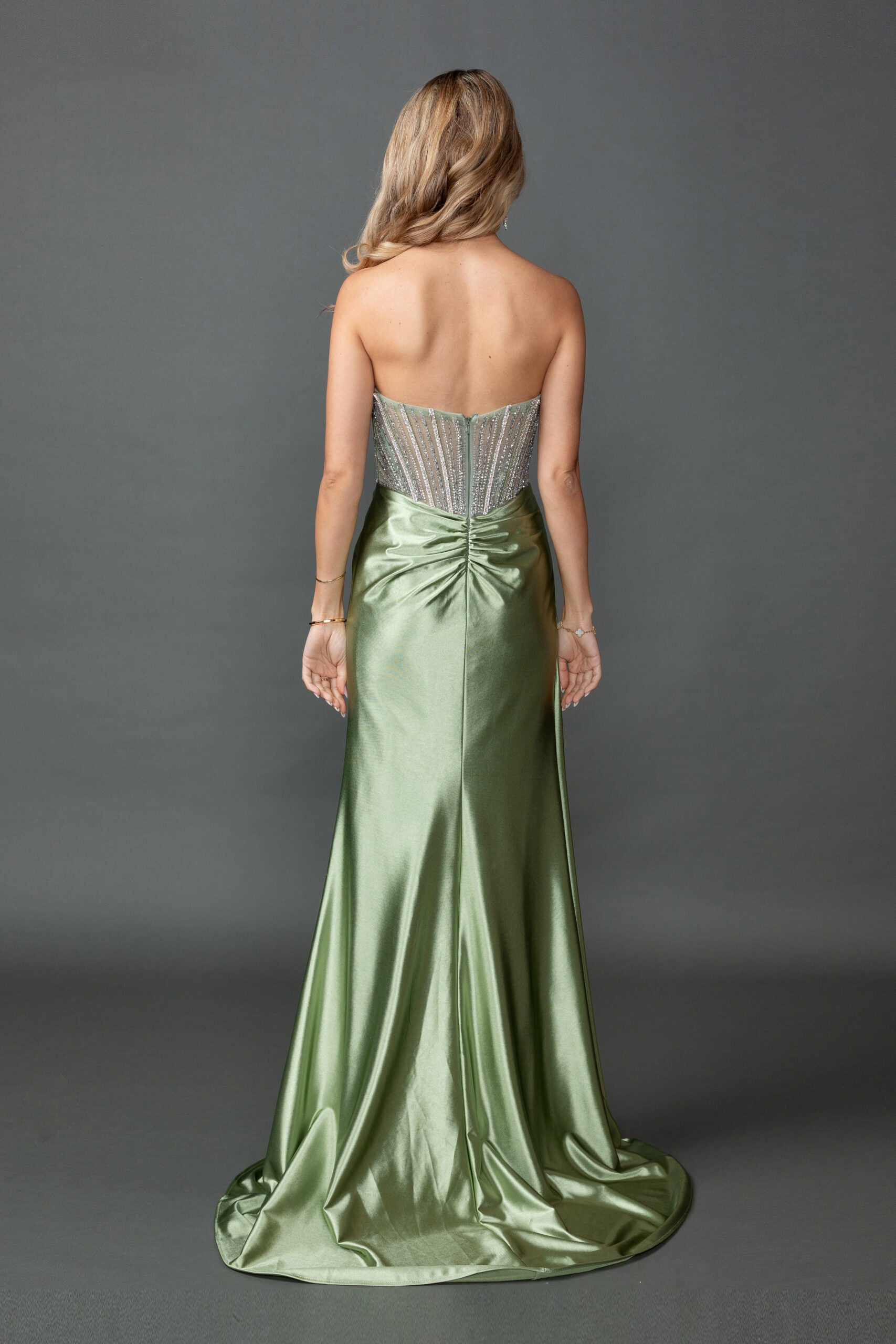 Elegant Strapless Satin Gown with Beaded Illusion Corset (4593)