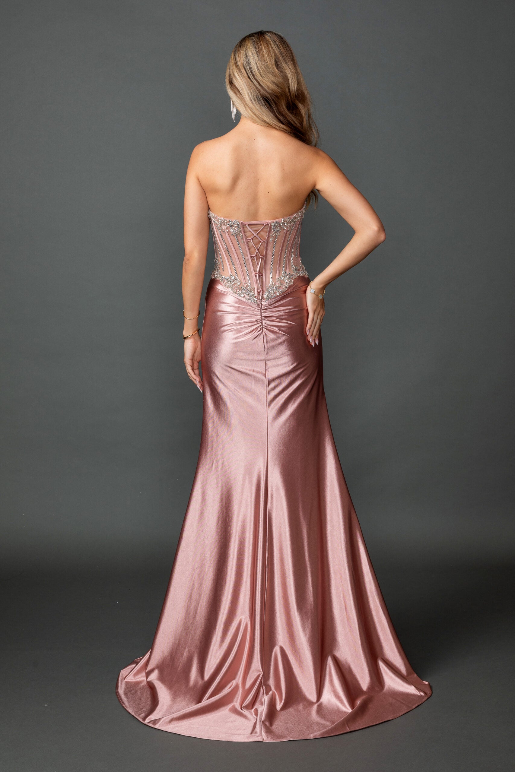 Strapless Embellished Corset Bodice Satin Prom Dress with Draped Waist and High Slit Floor Length Silhouette (4594)