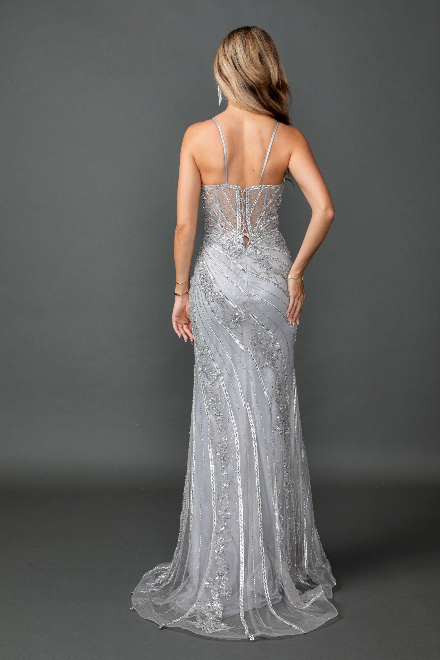 Deep-V Neck Illusion Corset Beaded Fitted Prom Dress with High Slit (4599)
