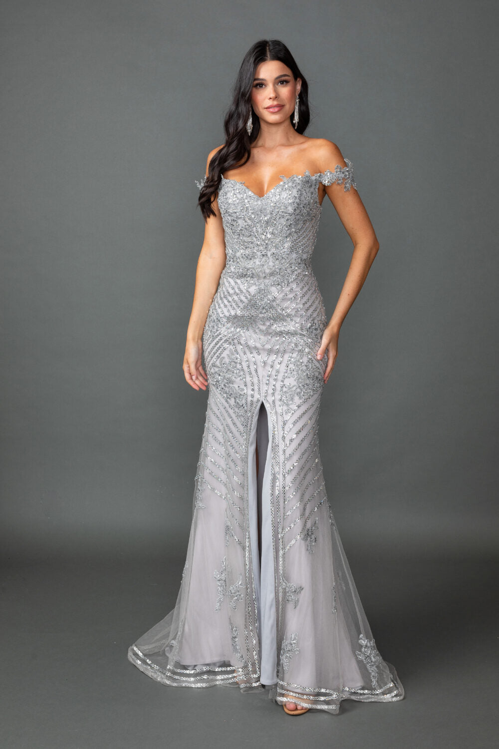 Off-Shoulder Mermaid Fitted Gown with Lace Appliqué and Slit (4600)
