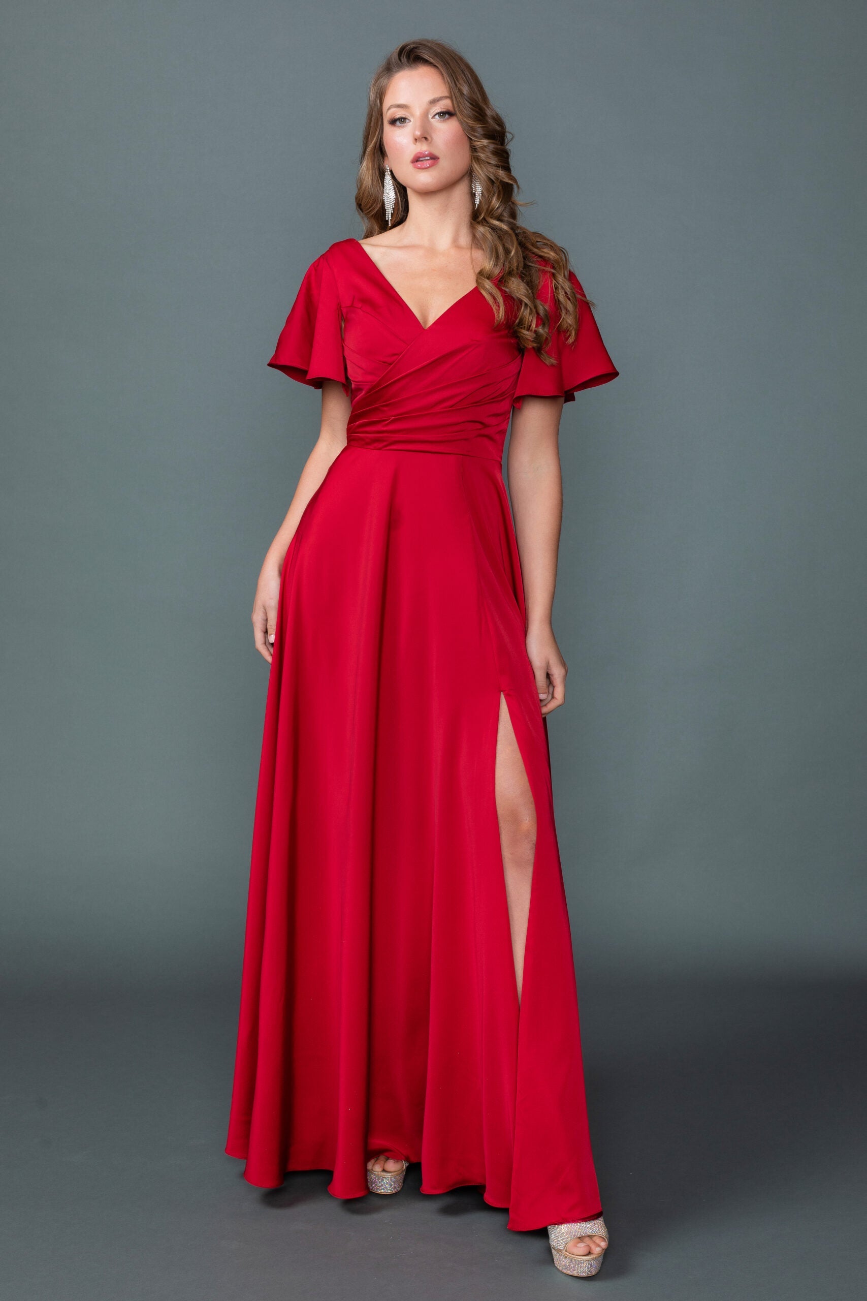 V-Neck Short Sleeve A-Line Gown With Ruched Bodice and Slit (4602)