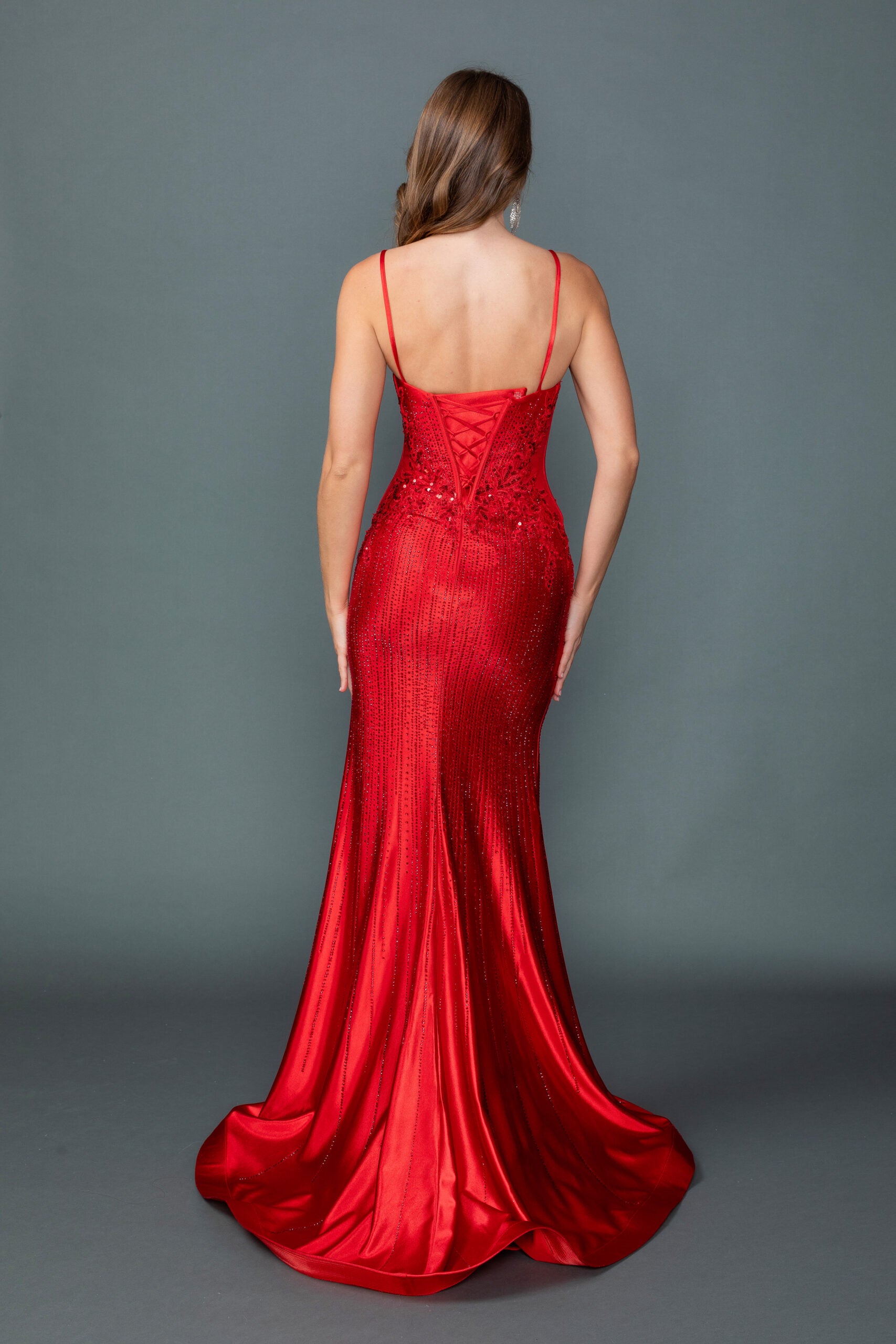 Spaghetti Strap Sweetheart Beaded Corset Prom Dress with High Slit and Train (4605)