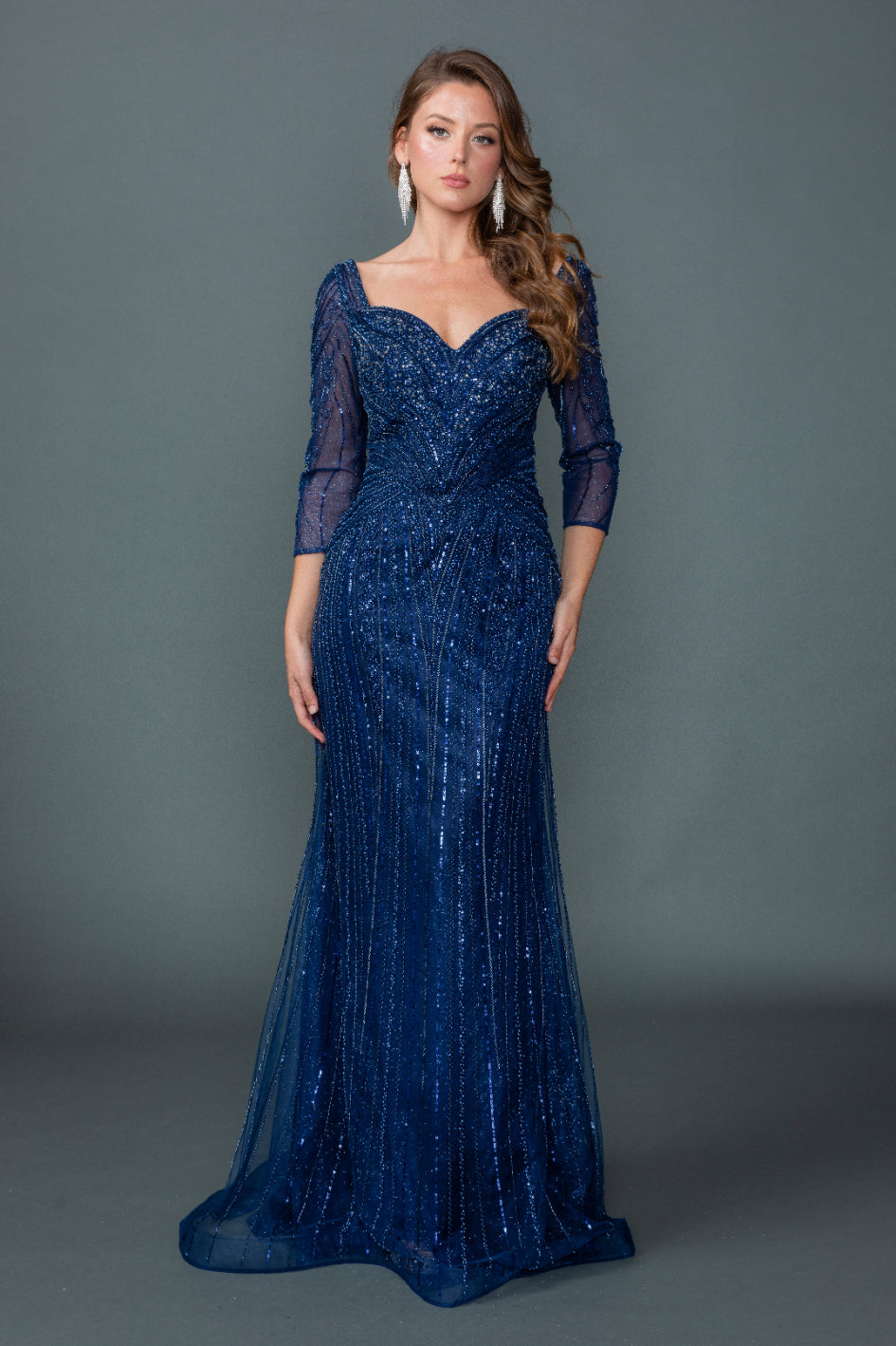 Off Shoulder Illusion Sleeve Embellished Fitted Prom Dress with Sheer Beaded Overlay and Sweep Train (4611)