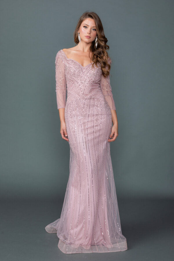 Off Shoulder Illusion Sleeve Embellished Fitted Prom Dress with Sheer Beaded Overlay and Sweep Train (4611)