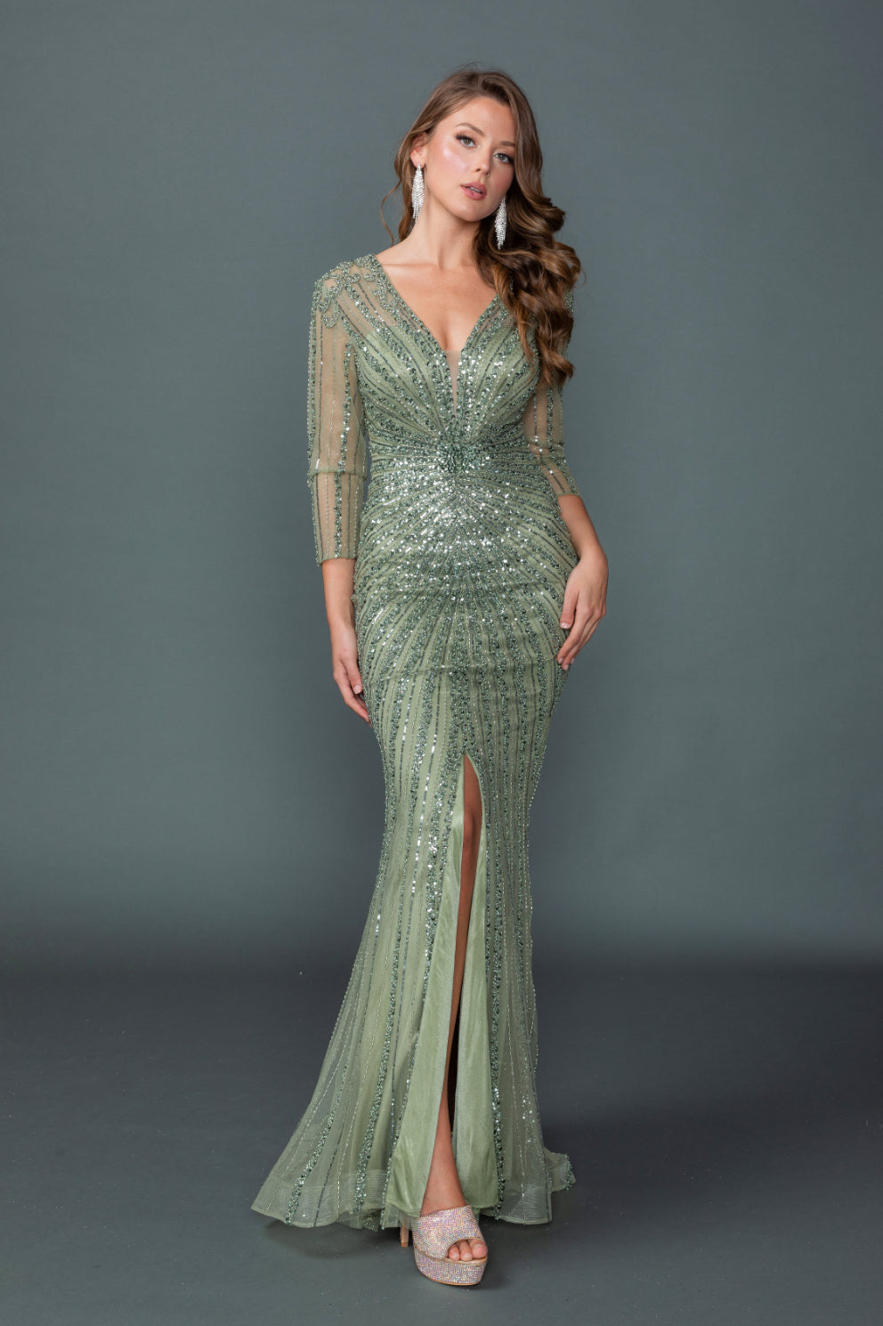 V-Neck Sheer Illusion Sleeve Beaded Embellished Fitted Prom Dress with Front Slit and Floor Length Silhouette (4612))