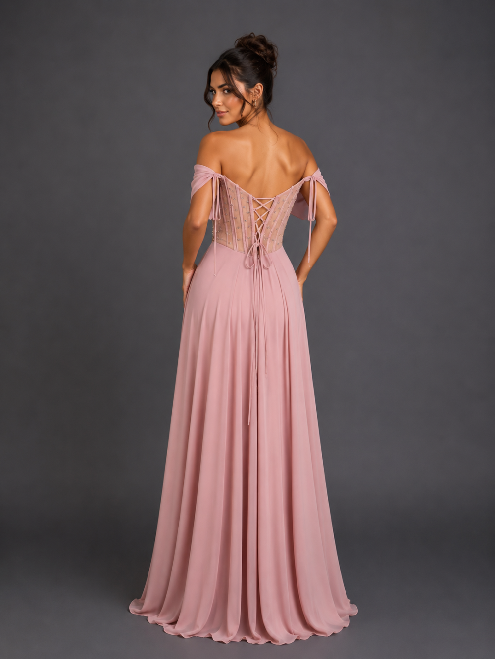 Off-Shoulder Beaded Corset Gown with Leg Slit and Lace-Up Back (4615)