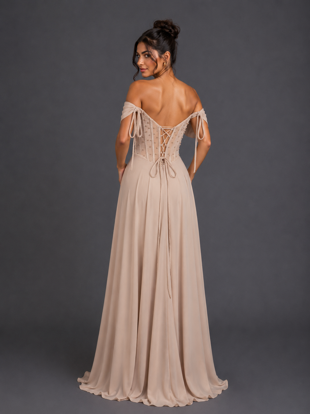 Off-Shoulder Beaded Corset Gown with Leg Slit and Lace-Up Back (4615)